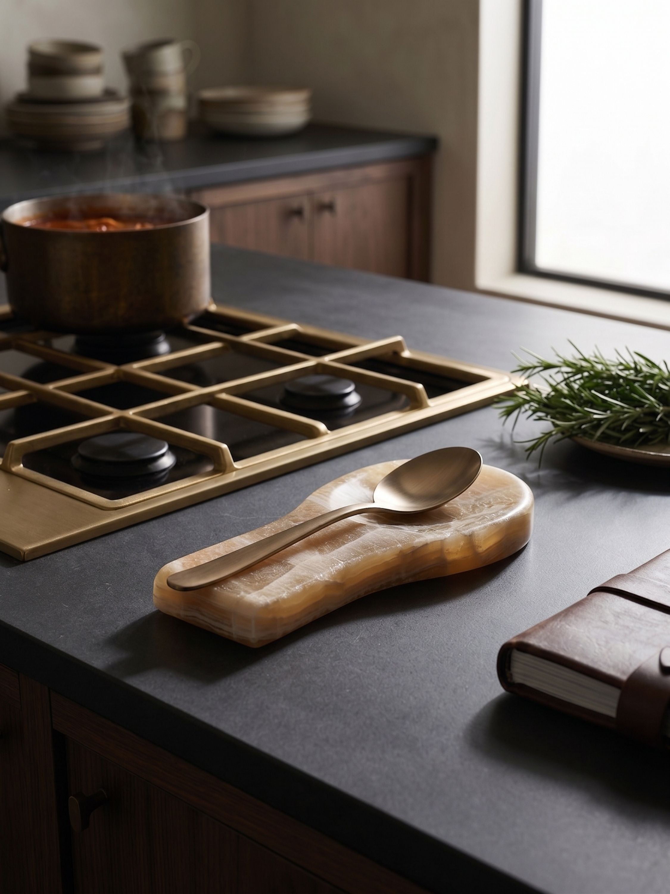 Onyx spoon rest placed on a kitchen countertop beside a stovetop with a wooden spoon