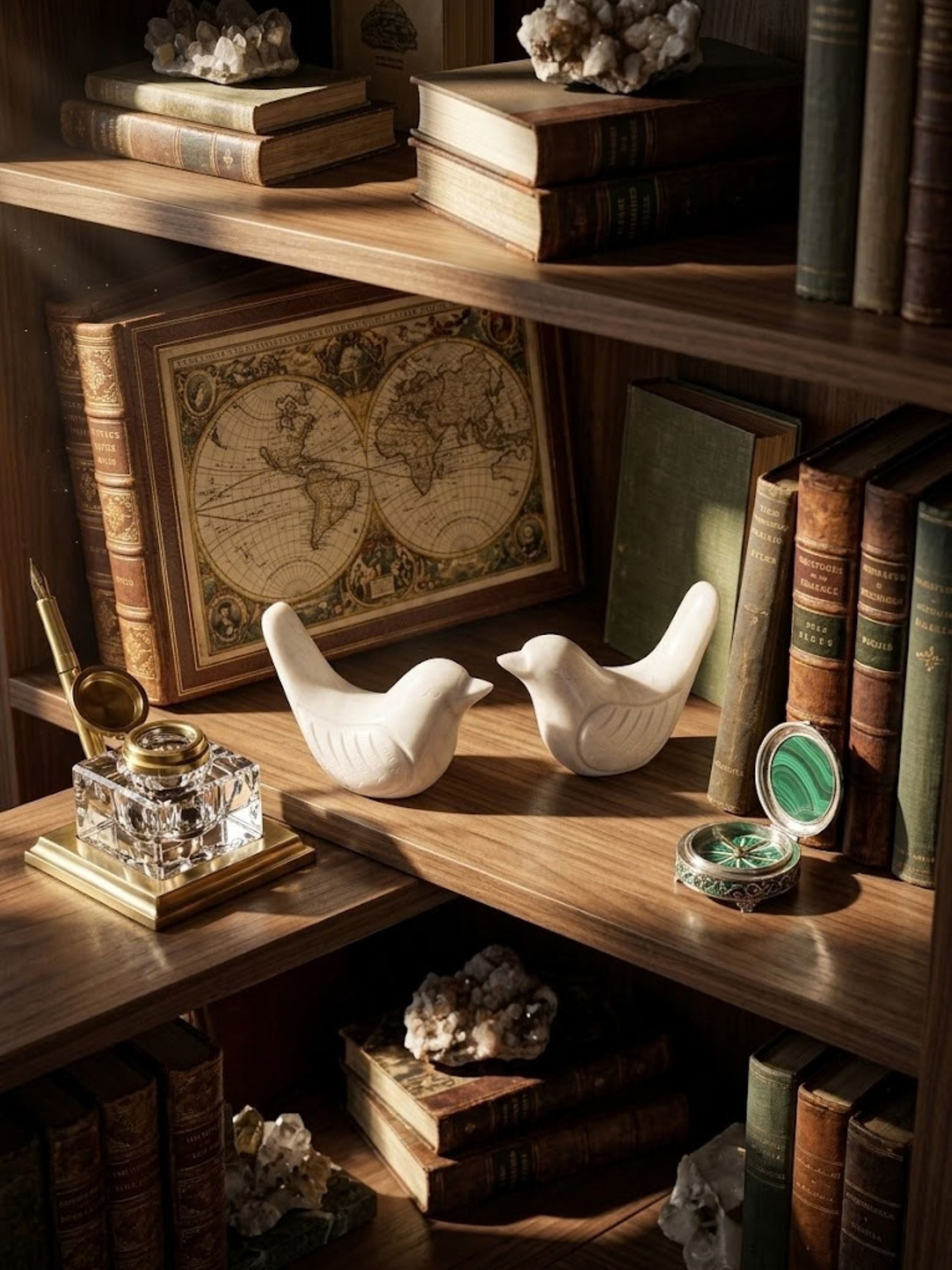 Coco & Charlie Marble Bird Objects styled atop a refined fireplace console, introducing sculptural form, soft ivory tones, and collected character to an elegant living space.