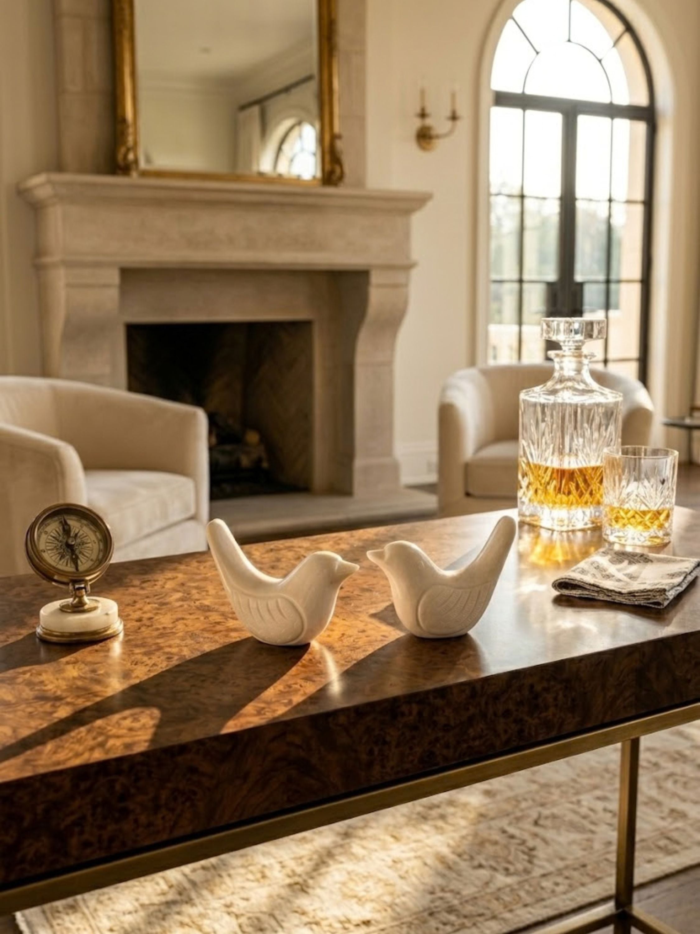 Coco & Charlie marble bird figurines arranged within a living room vignette, their carved forms bringing quiet symmetry to the tabletop.