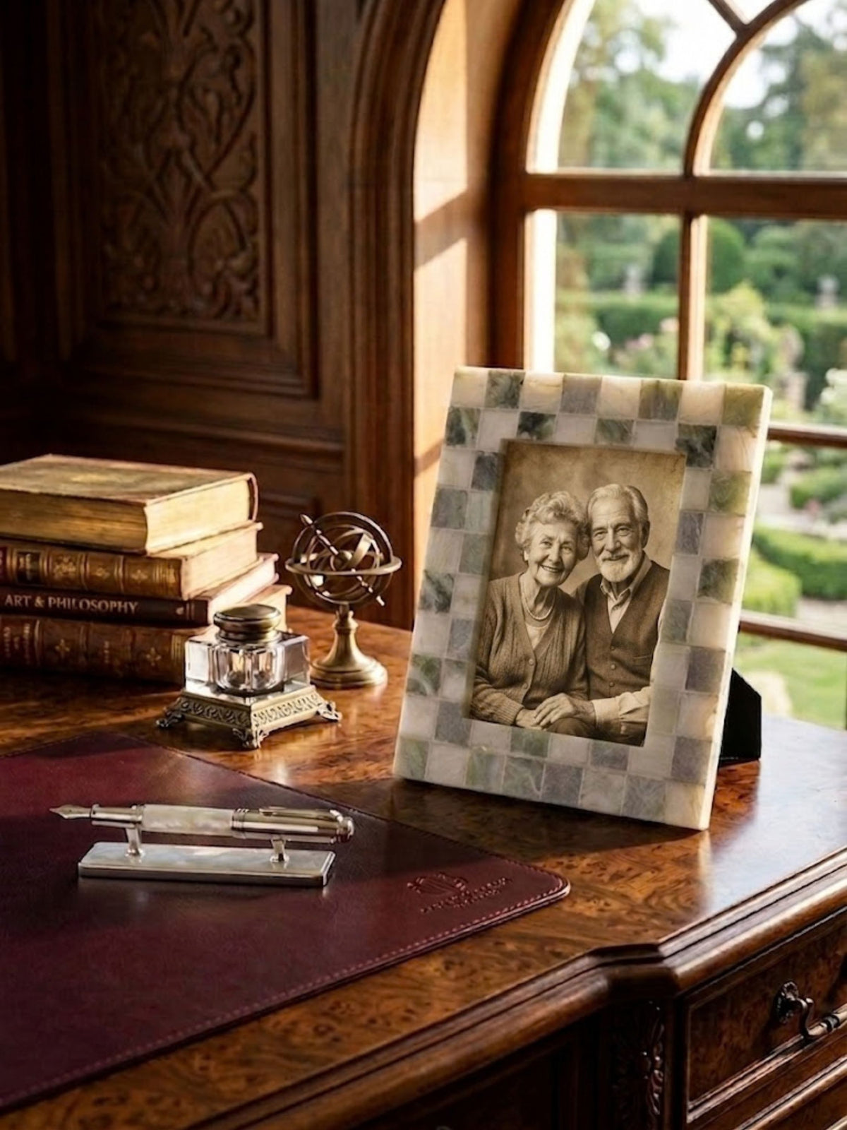 Green and white onyx mosaic picture frame, styled on a home office desk beside a window.