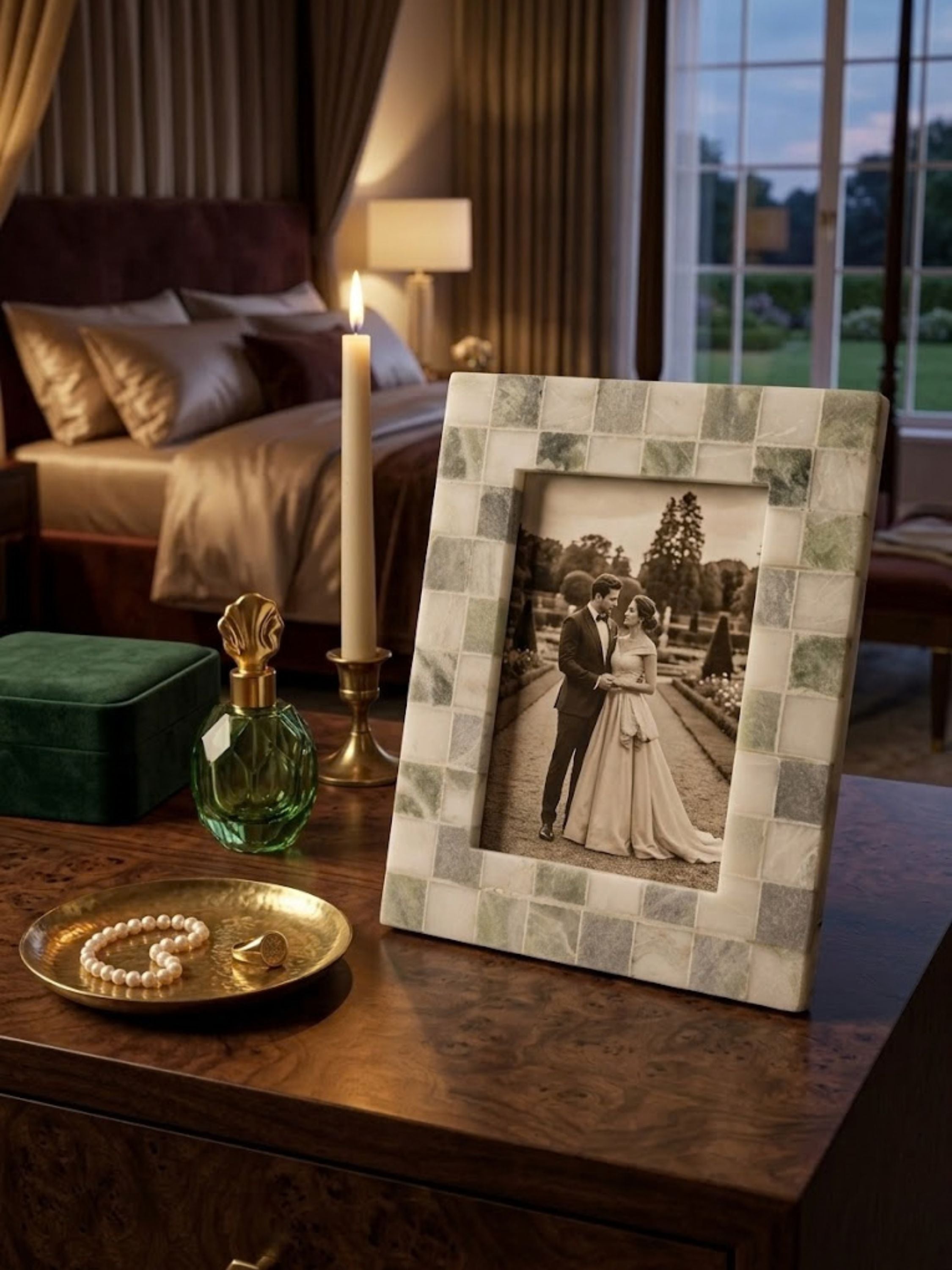Austen green onyx mosaic frame arranged on a bedside table, holding a photograph among the hand-laid stone tile pattern.