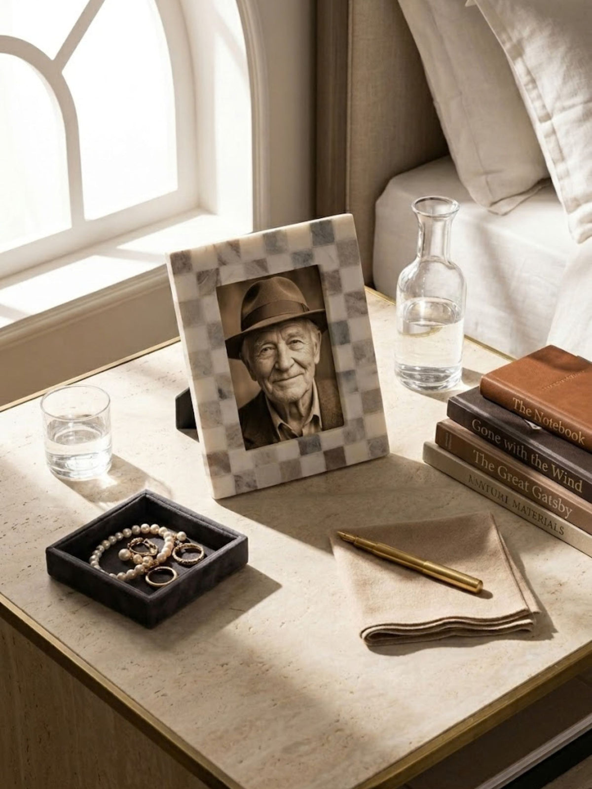 Beige and cream onyx mosaic picture frame, styled on a bedside table.