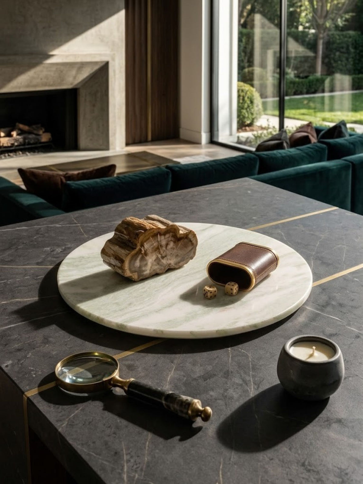 Moonlight ivory onyx round tray with a beveled edge, on a dark stone living room coffee table.