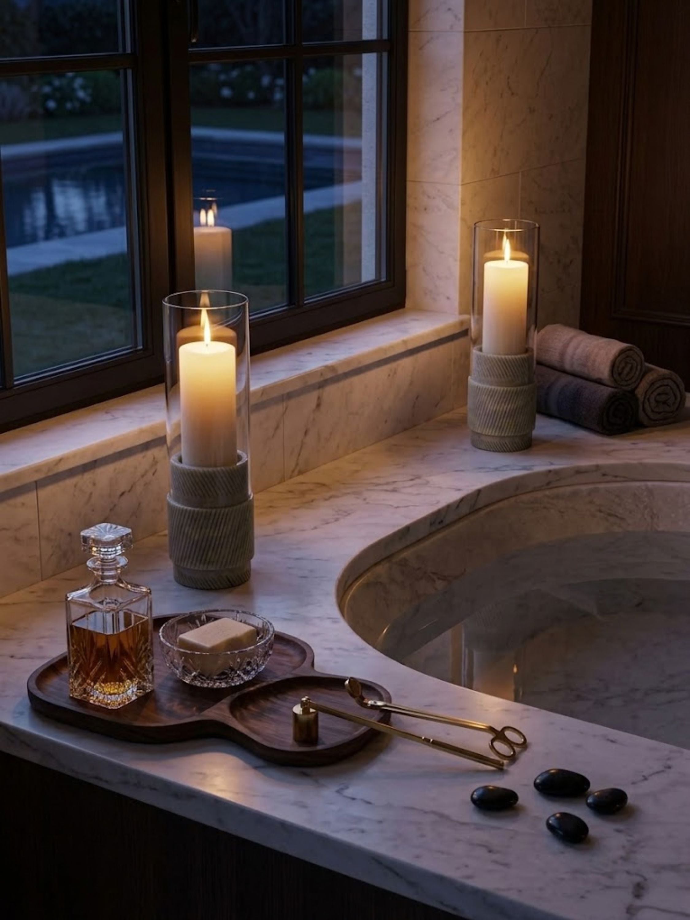 Estonia Green Onyx hurricane candle holders arranged beside a soaking tub, creating a serene spa-inspired atmosphere with natural stone character and gentle candlelight.