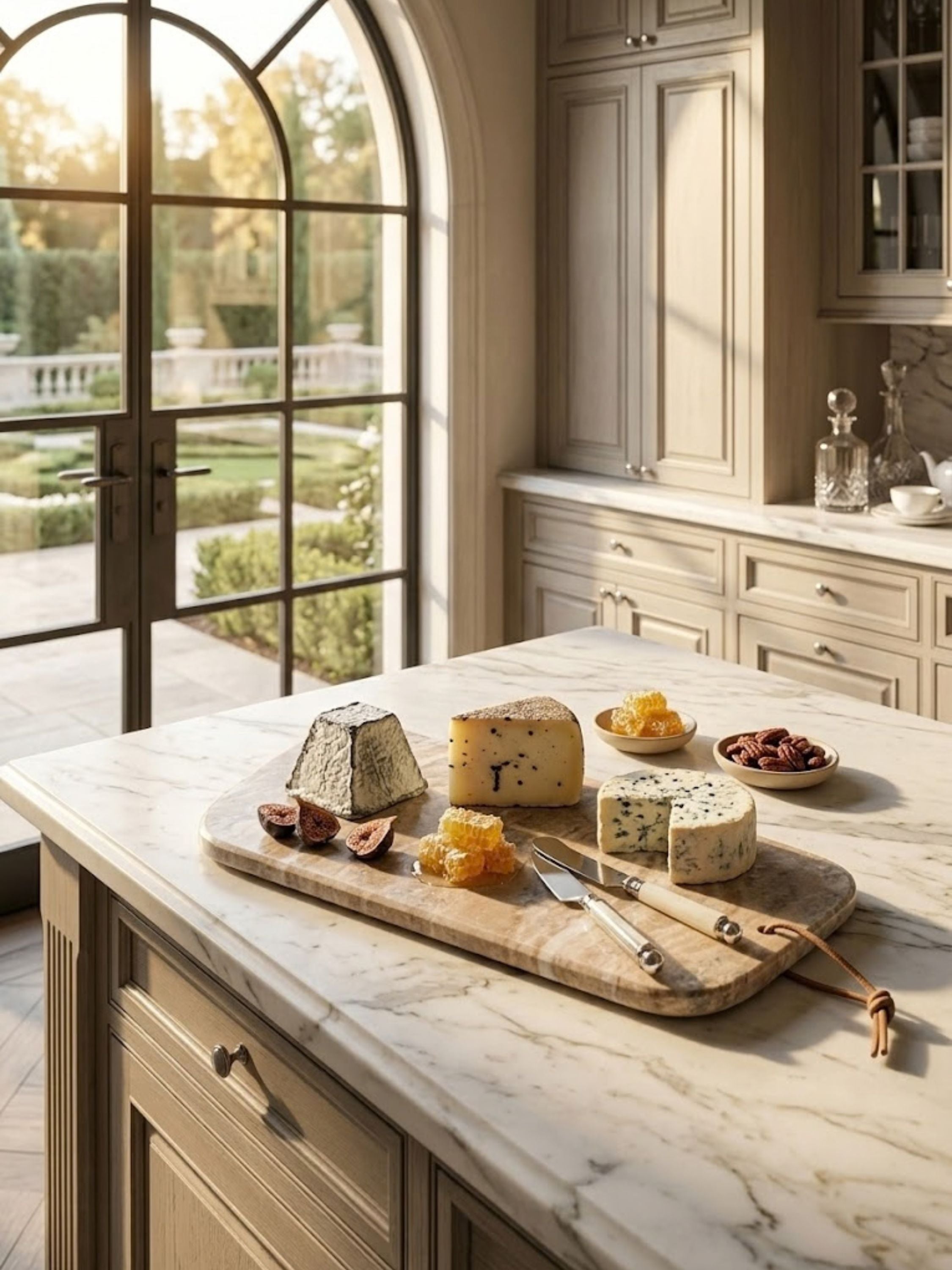 Dakota marble cheese board arranged on a kitchen island with cheeses, honeycomb, and tasting knives.