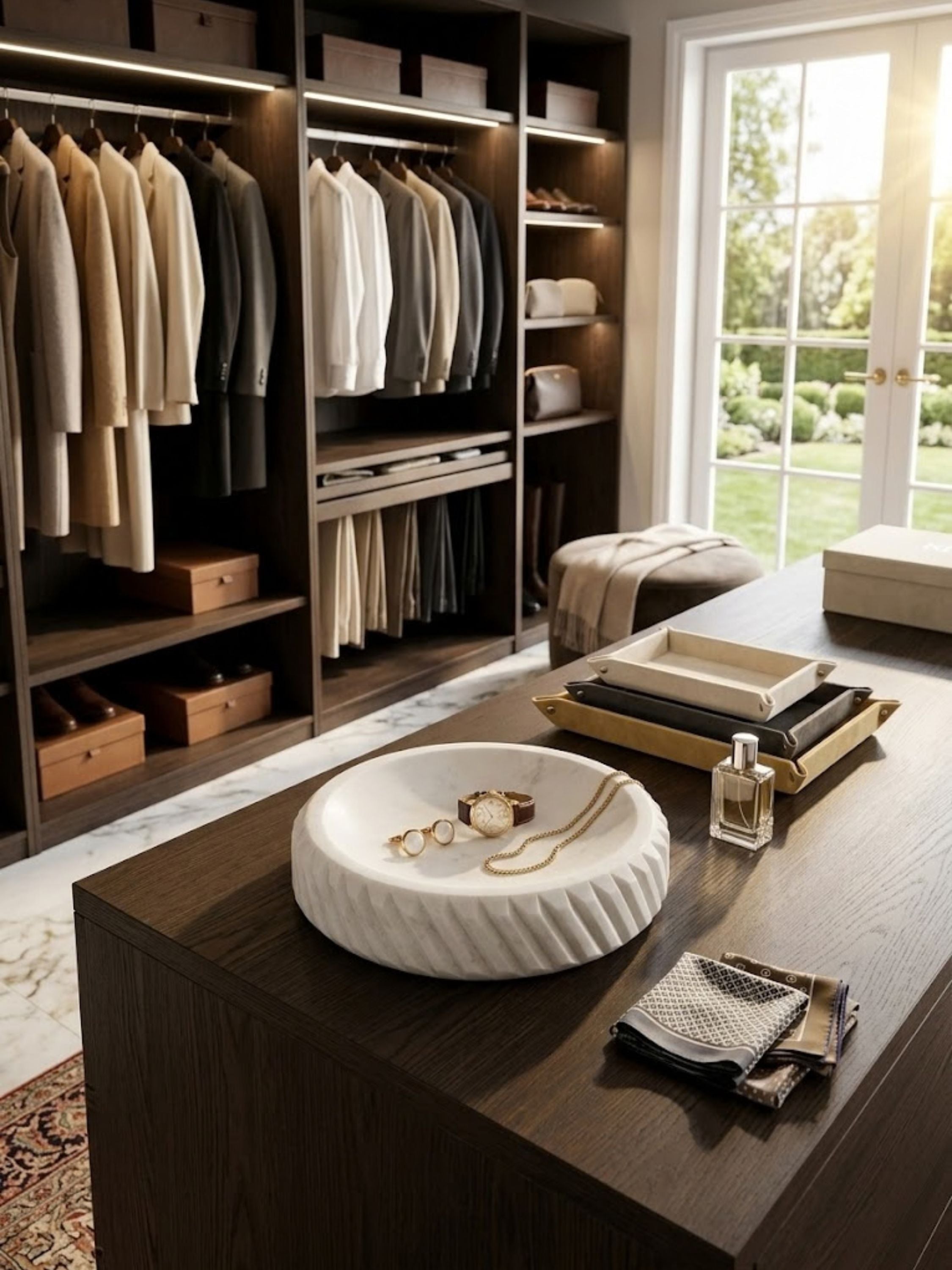 Charlotte marble bowl arranged on a tray-top vanity among fragrance bottles and personal accessories.