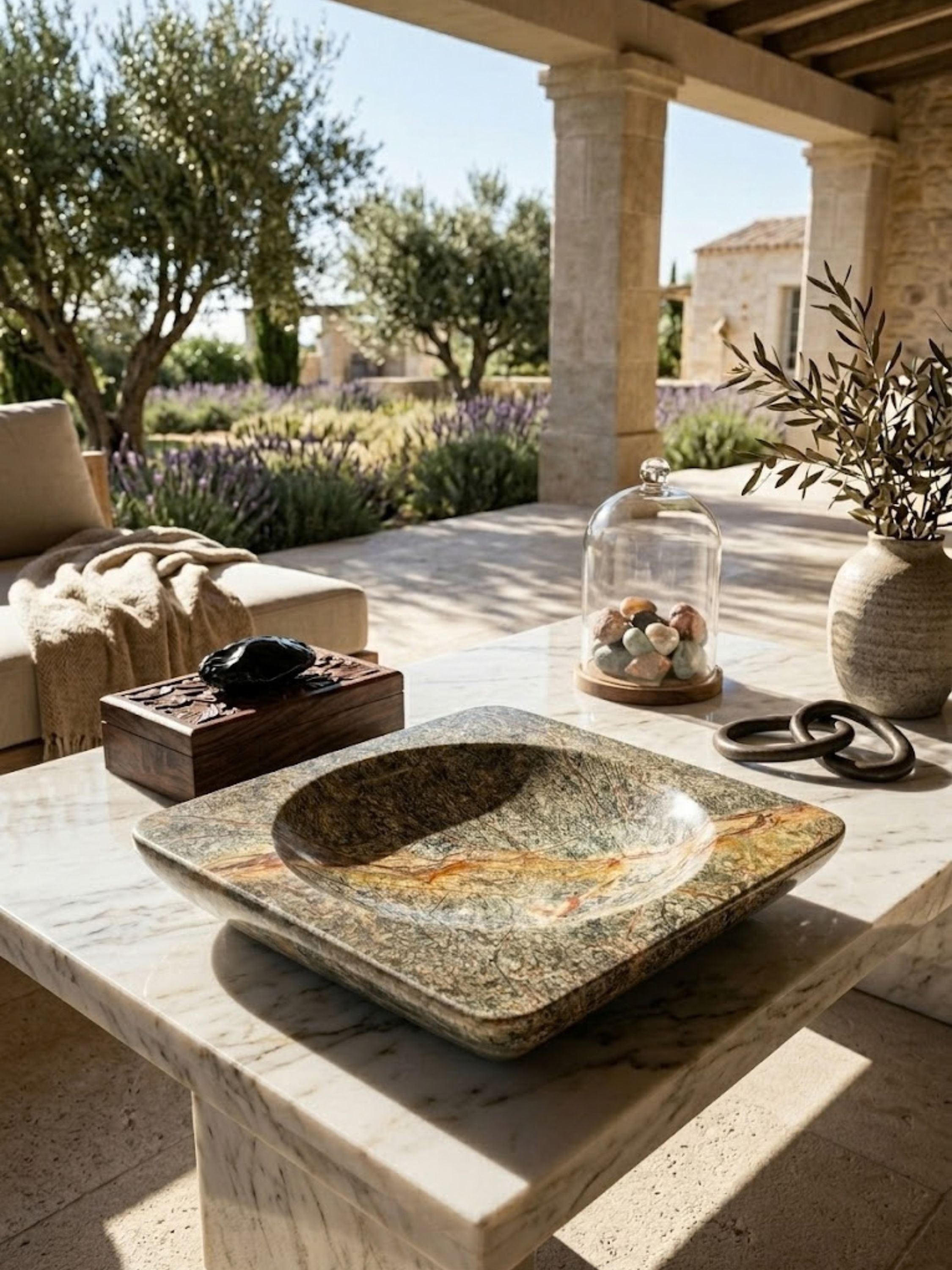 Selva Verde Guatemala decorative marble bowl displayed on a marble outdoor coffee table, showcasing dramatic mineral patterning in a refined garden setting.