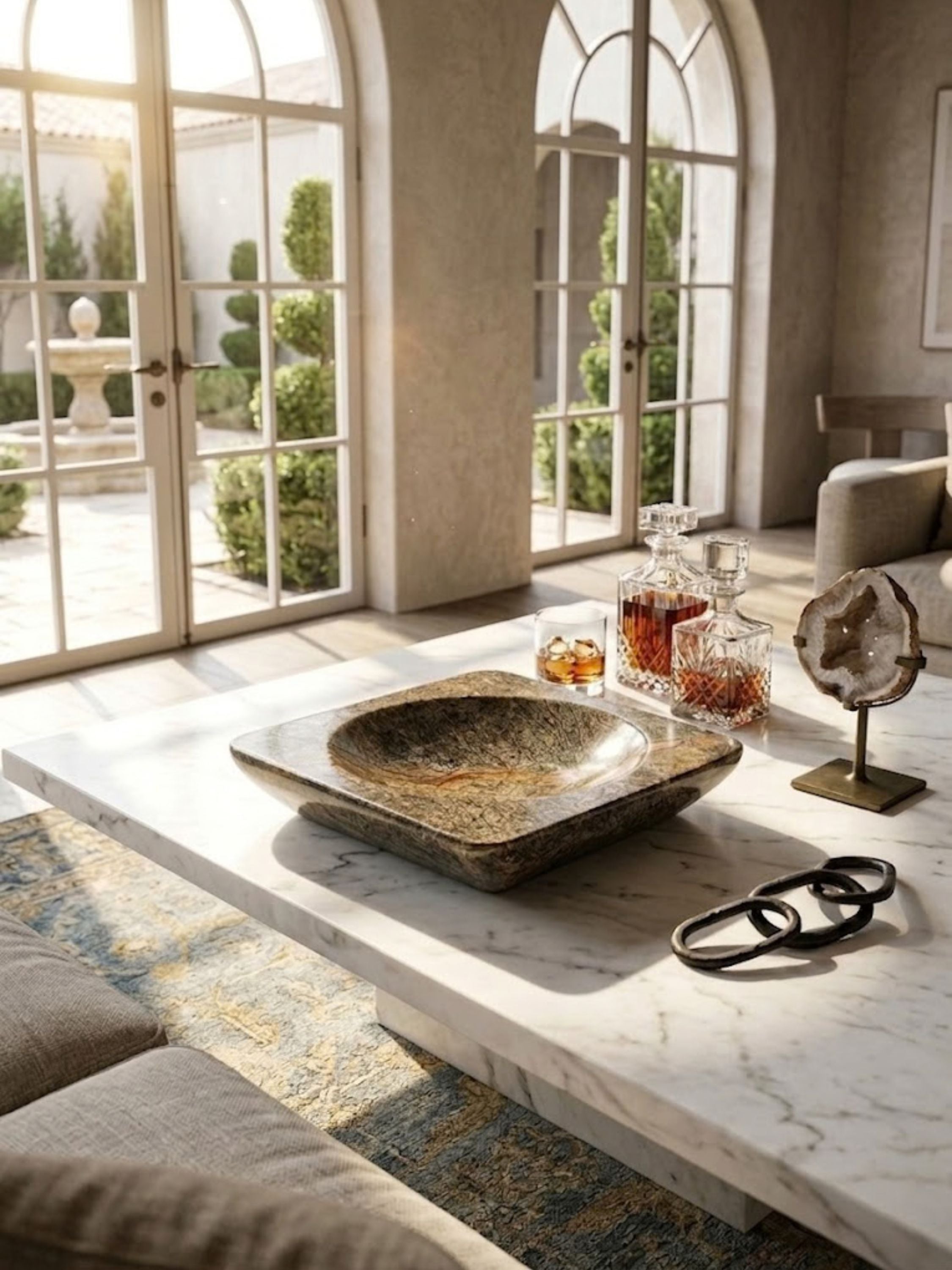 Selva Verde green stone bowl arranged on a marble coffee table with crystal decanters and sculptural accents, emphasizing natural stone character.
