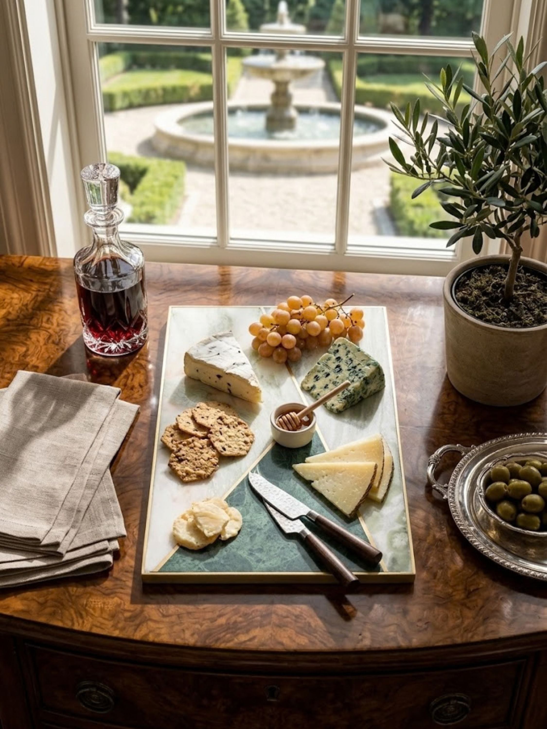 Brno marble cheese board arranged with cheeses, crackers, grapes, and honey beside a garden-view window, bringing timeless elegance to cheese service and gathering spaces.