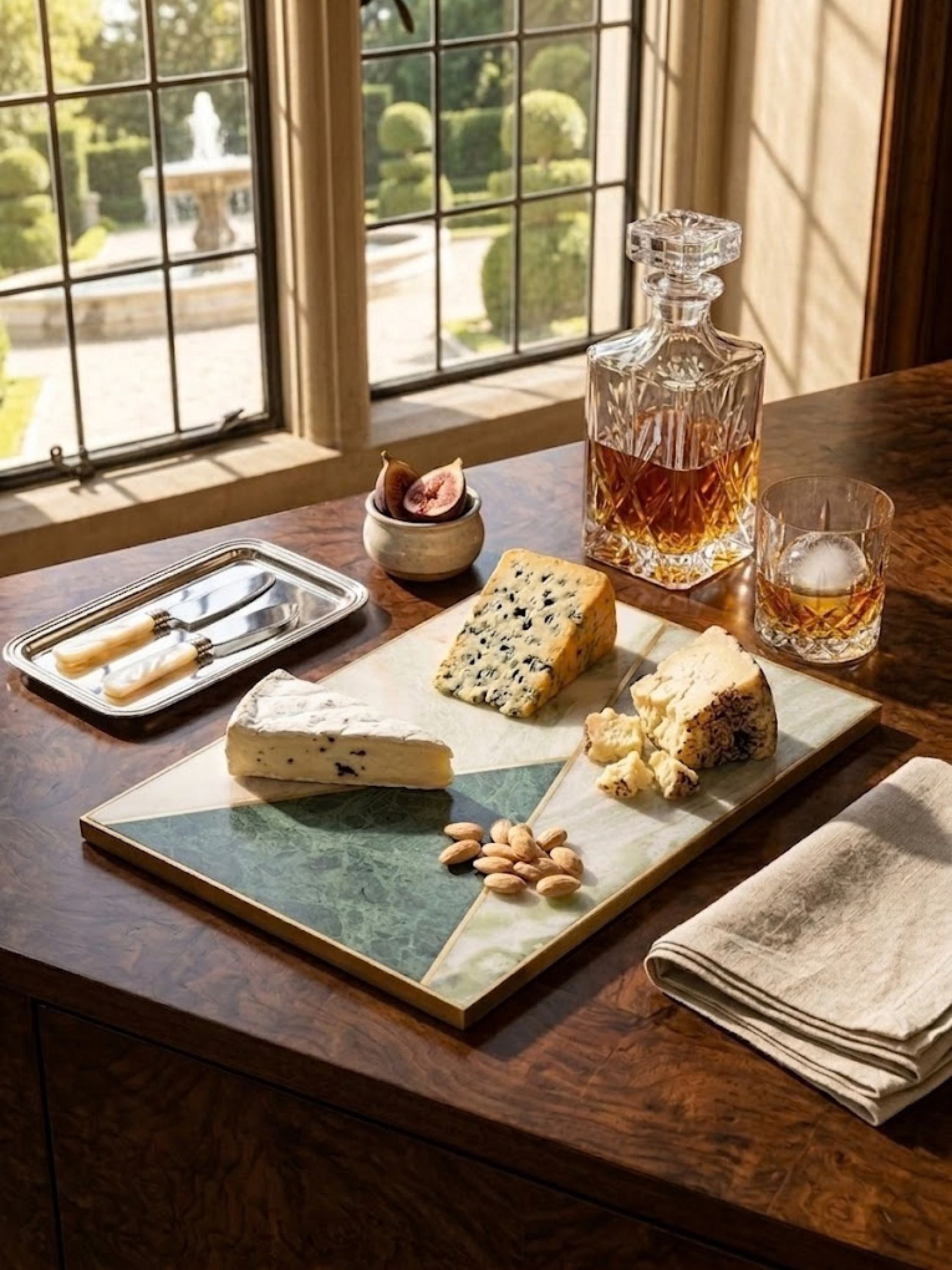 Brno marble cheese board styled with artisan cheeses, crystal glassware, and linen accents, emphasizing decorative marble inlay and sophisticated tabletop presentation.