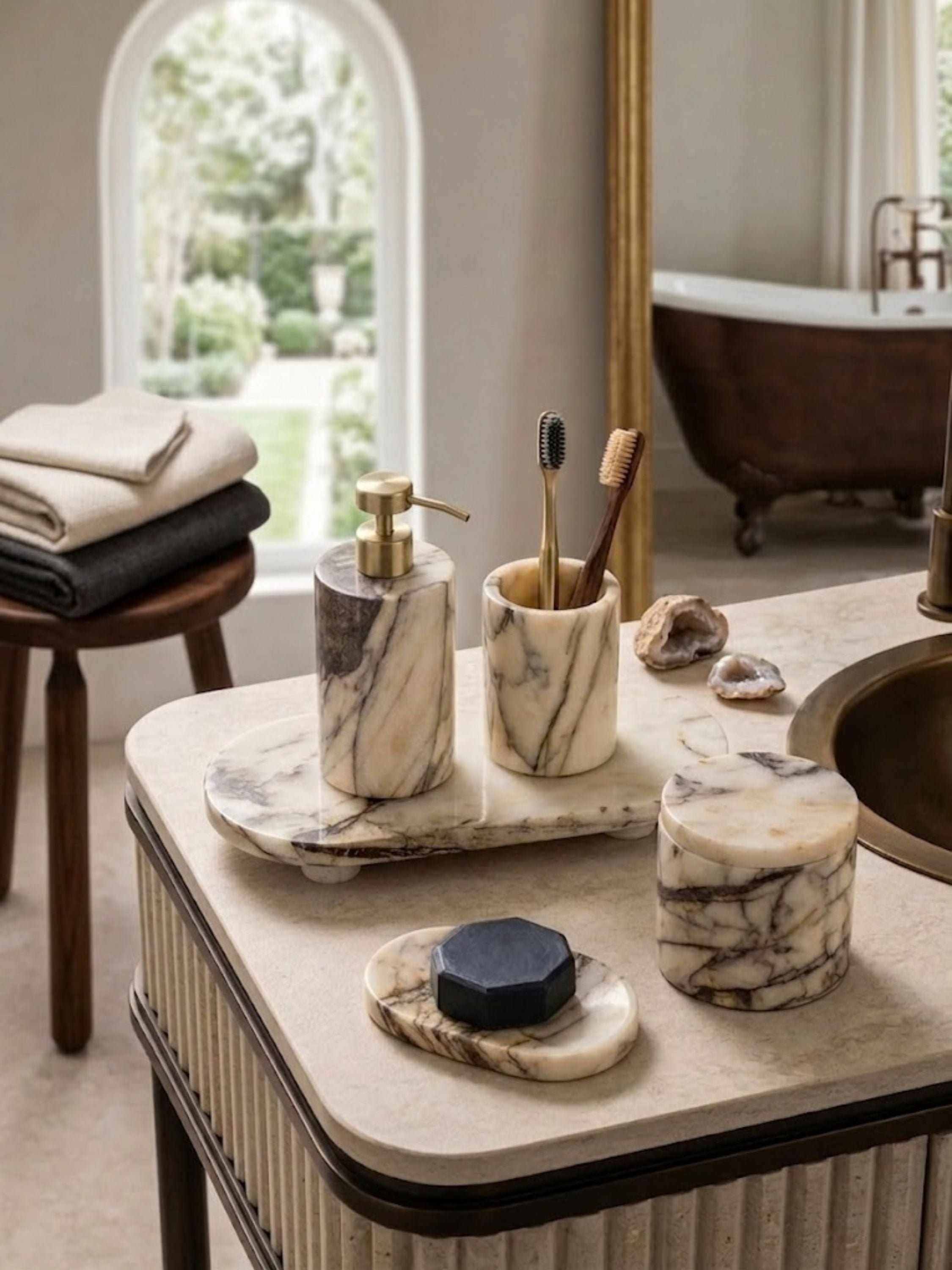 Tangier marble bath set displayed on a dark marble vanity with brass fixtures and layered textures, emphasizing sculptural stone character and luxury bathroom decor.