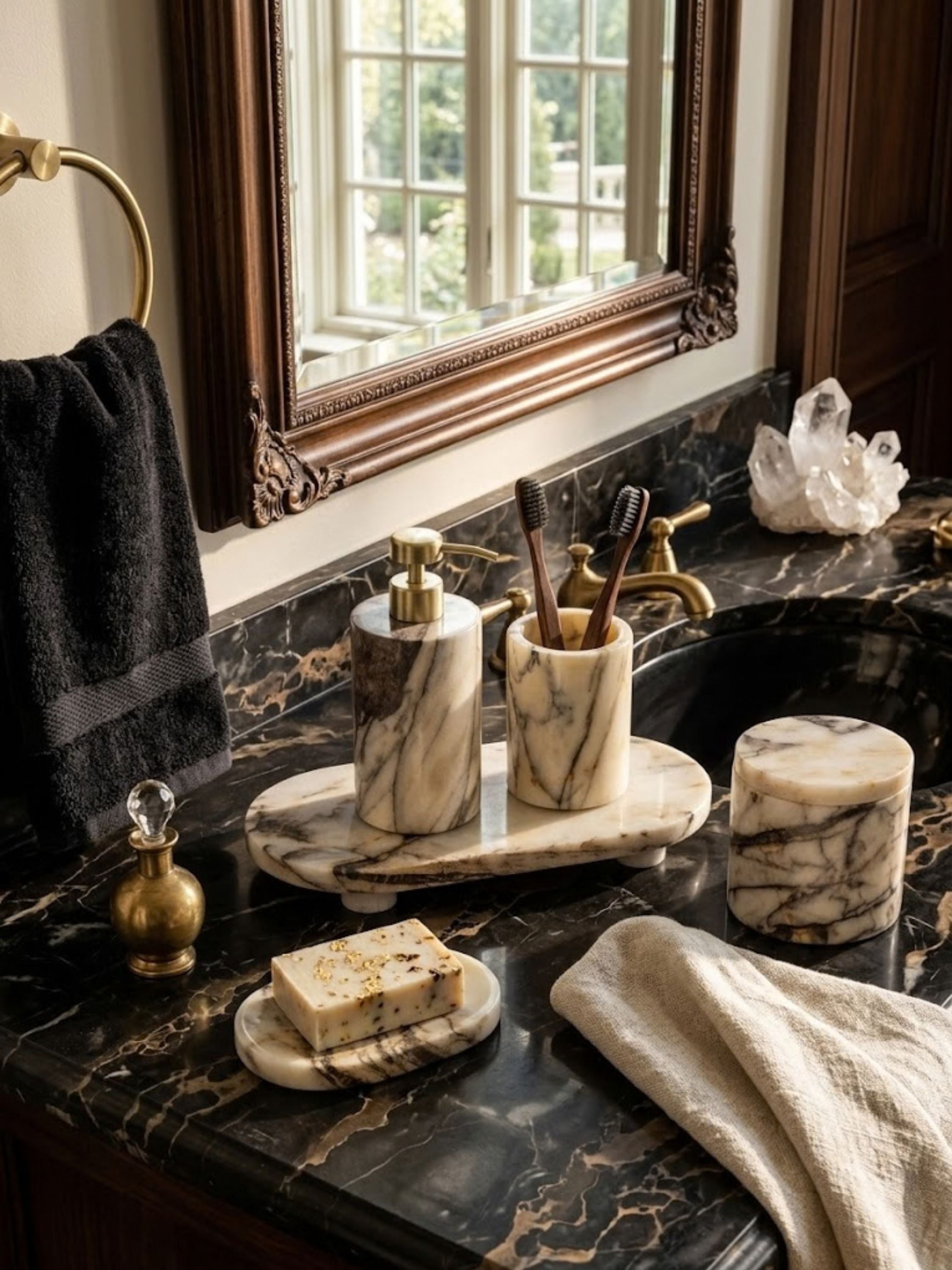 Tangier marble bath set displayed on a dark marble vanity with brass fixtures and layered textures, emphasizing sculptural stone character and luxury bathroom decor.