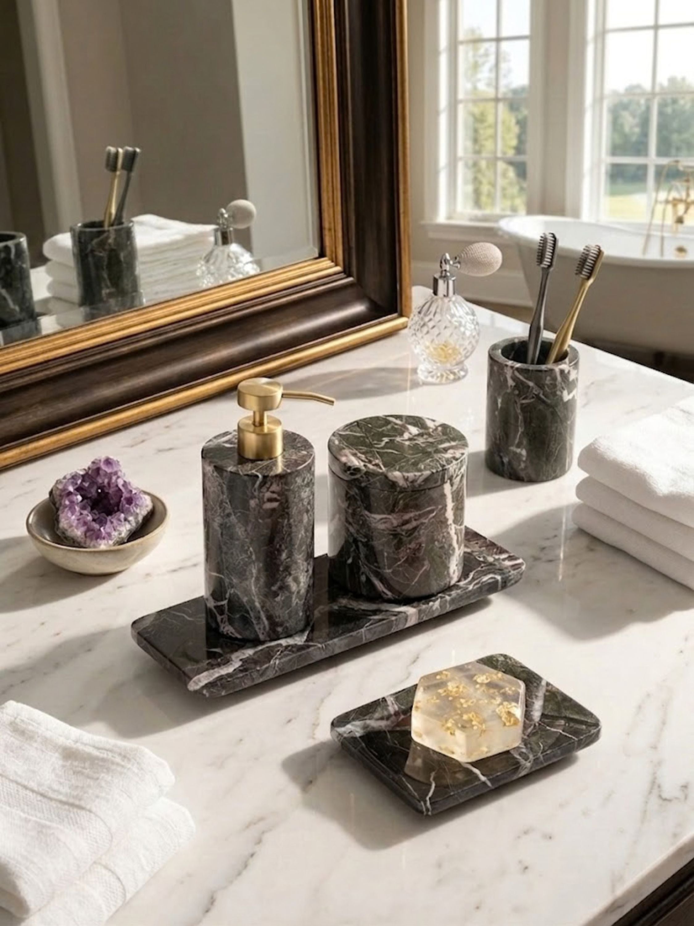 Jardin Verde Levanto marble bath set styled on a luminous vanity, featuring richly veined stone accessories with brushed brass accents and refined bathroom organization.