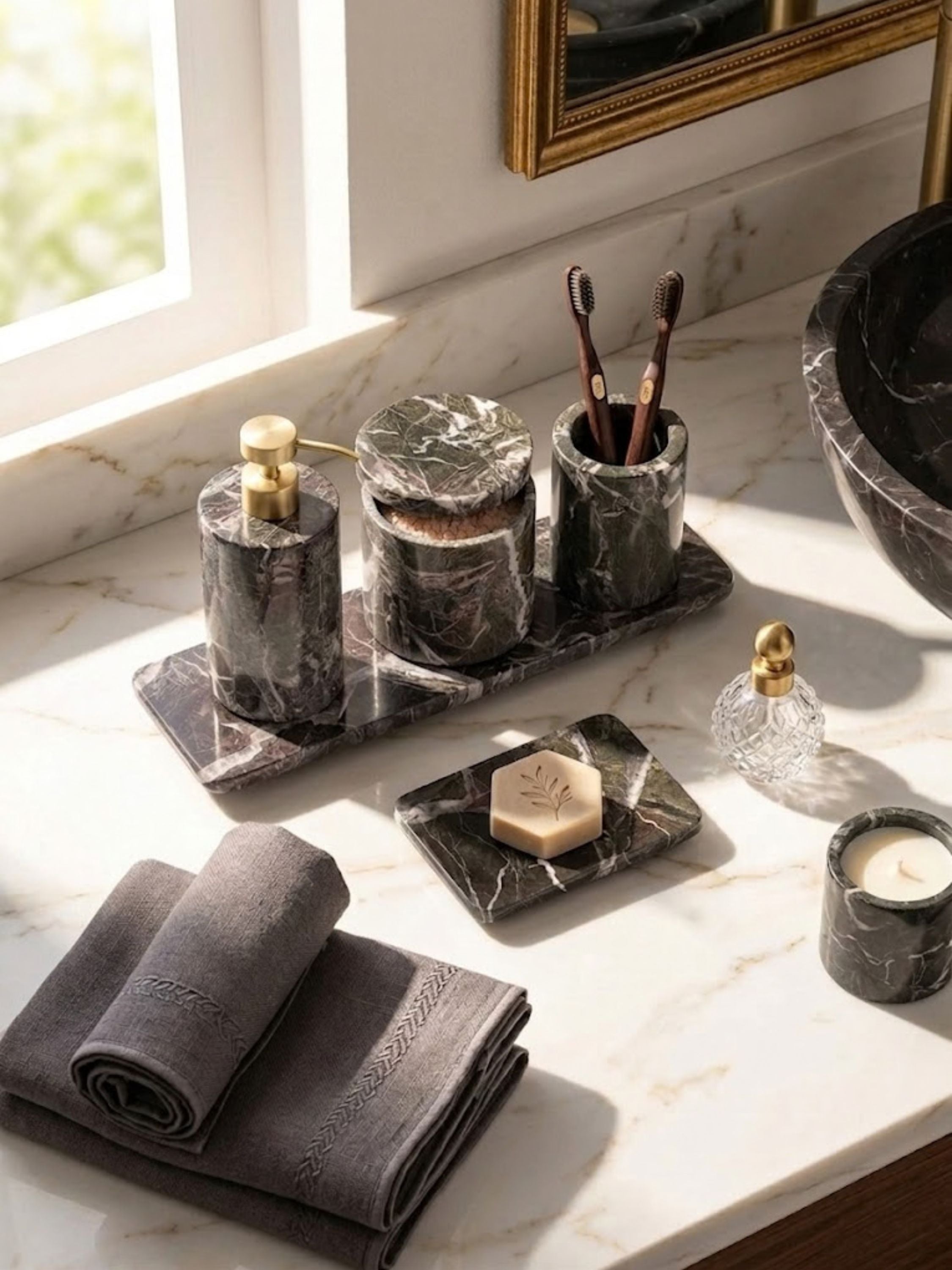Jardin Verde Levanto marble bath accessories arranged on a bright marble countertop with folded towels, showcasing coordinated vanity storage and sculptural stone detailing.