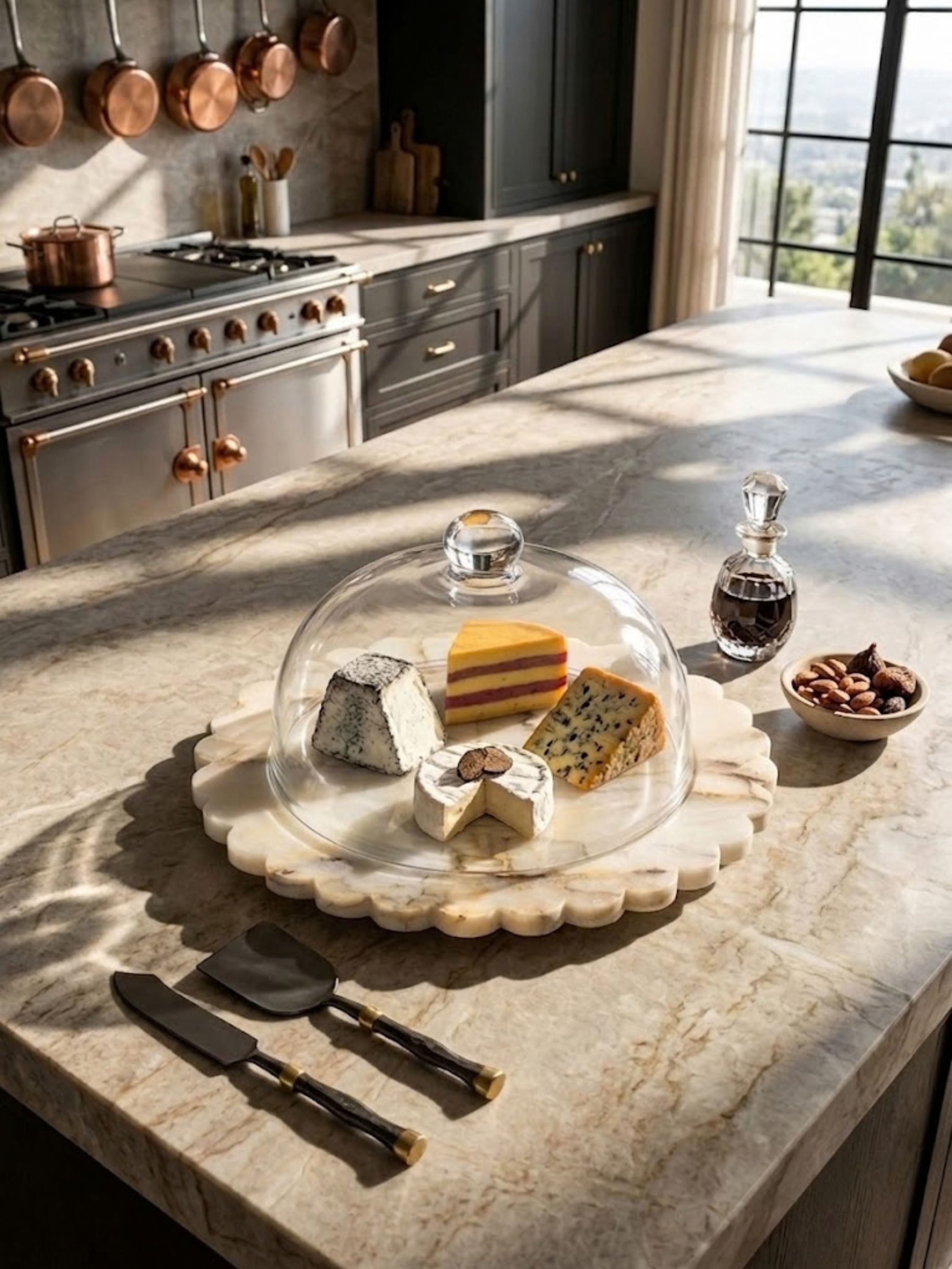 Kismet marble cloche board styled for outdoor entertaining beneath a garden pergola, offering an elegant covered display for cheeses, pastries, and small bites.