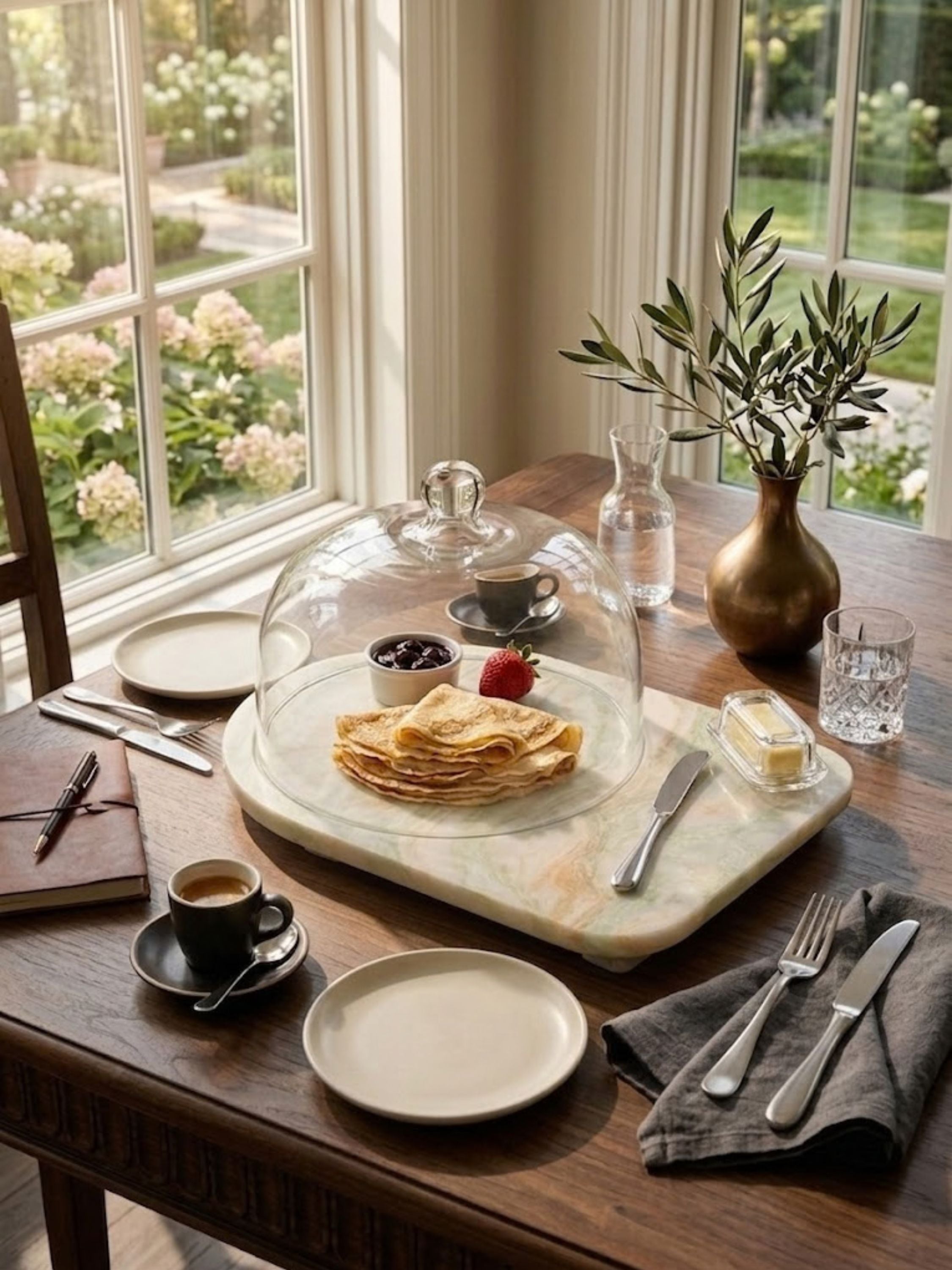 Moonlight onyx cloche board arranged as a breakfast centerpiece, featuring a glass dome atop naturally veined onyx for serving.