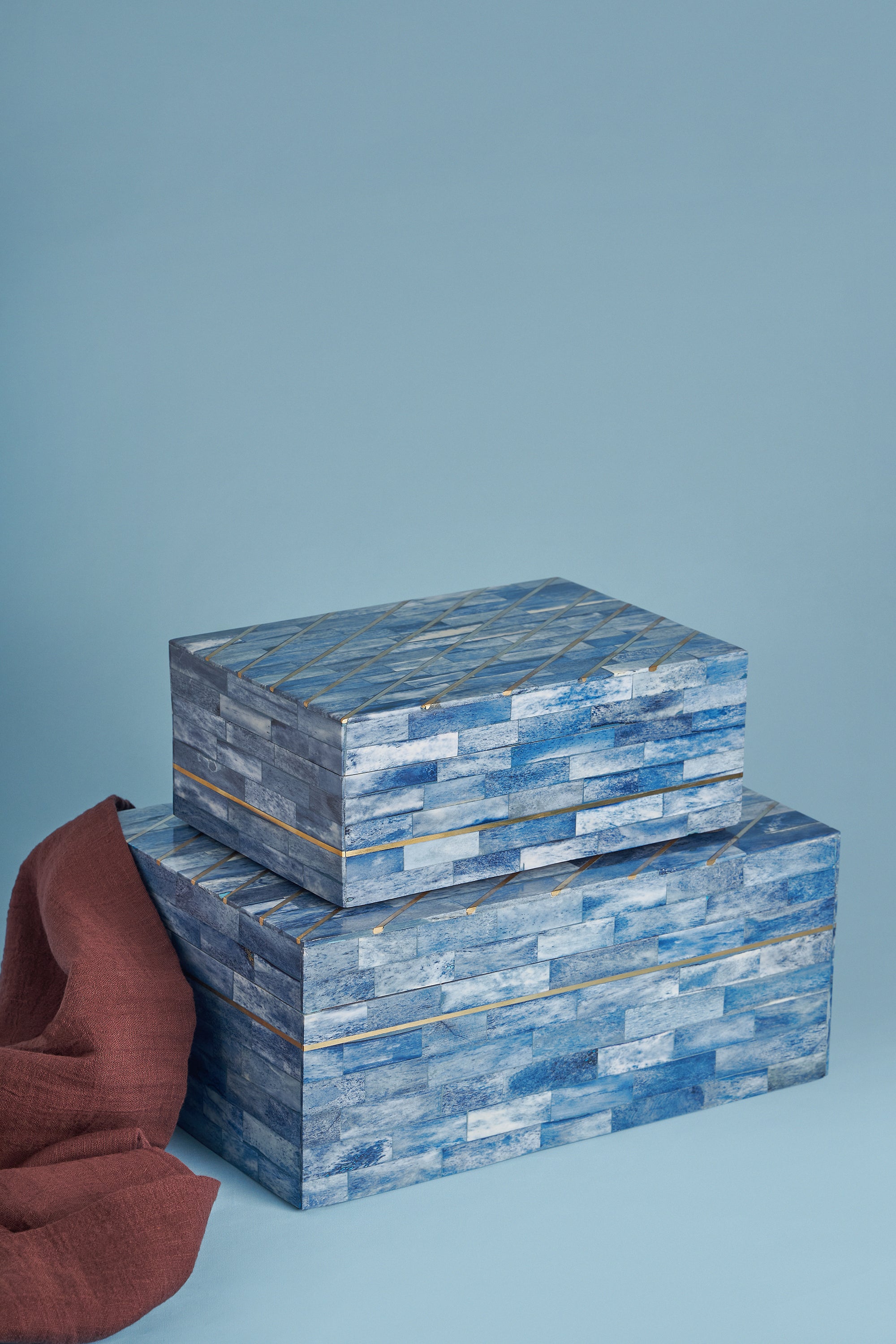 Handcrafted blue bone inlay decorative boxes with gold accents — nautical artisan luxury accent