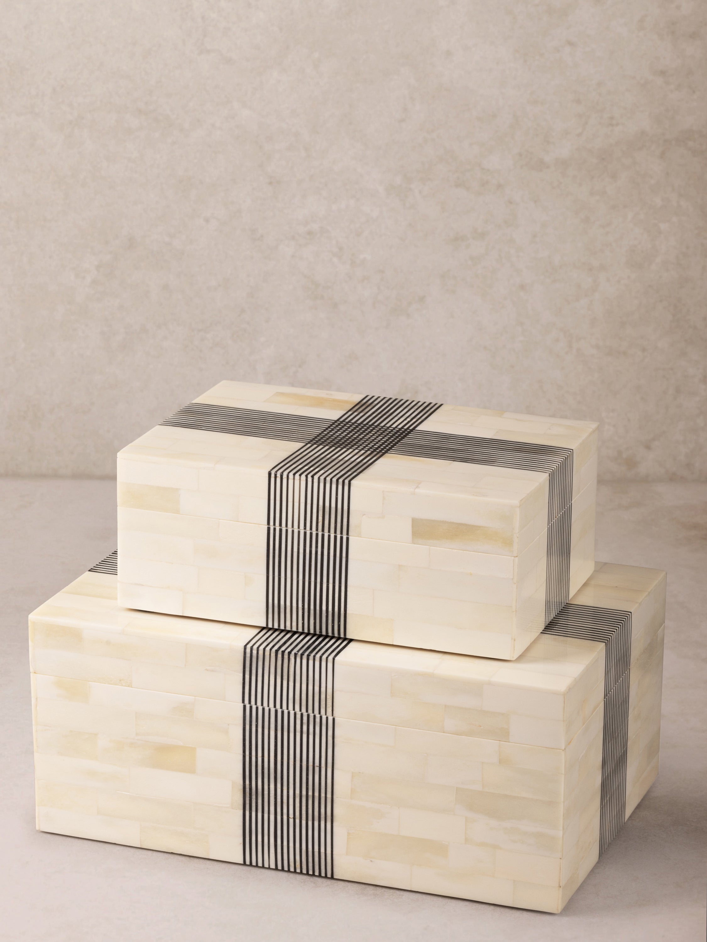Hand-crafted decorative boxes set of two with ivory bone inlay and black resin stripes — artisan luxury accent