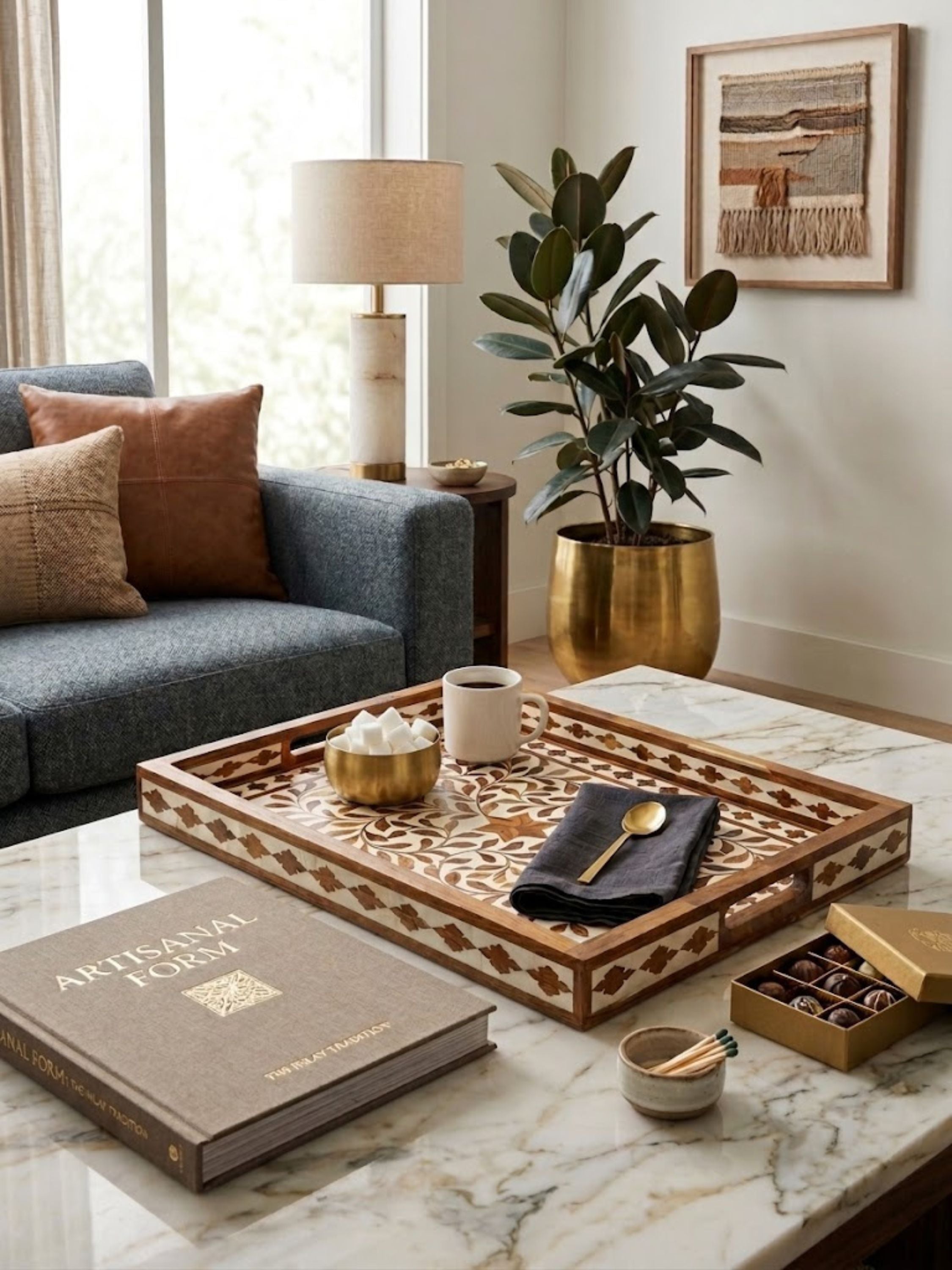 Wood inlay ivory floral serving tray with handles styled on a marble coffee table with cup, bowl, and decor accents in a living room setting