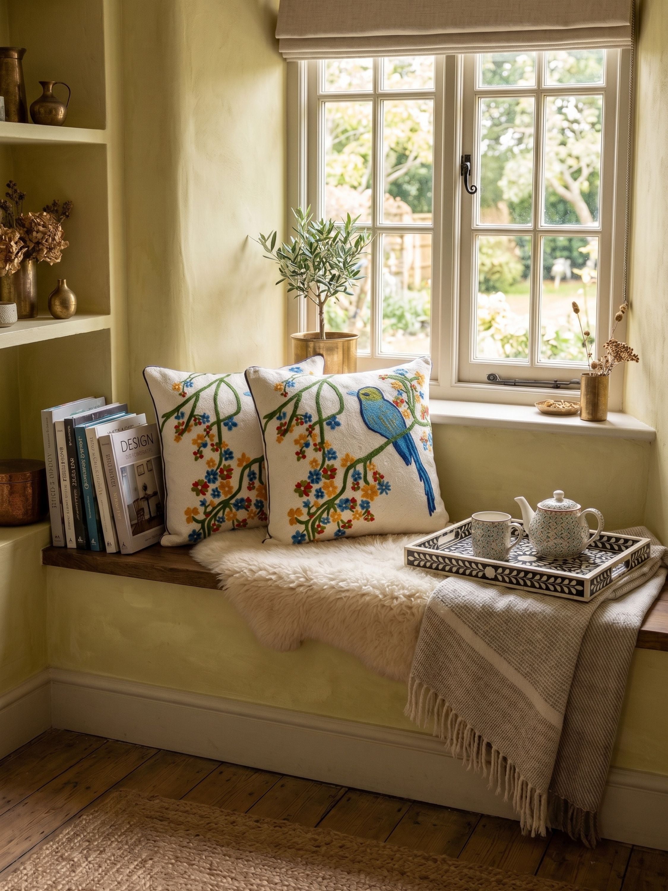 Hand embroidered bird botanical pillow cover 20x20 styled on a window seat with cushions, throw, and tray in a warm sunlit corner