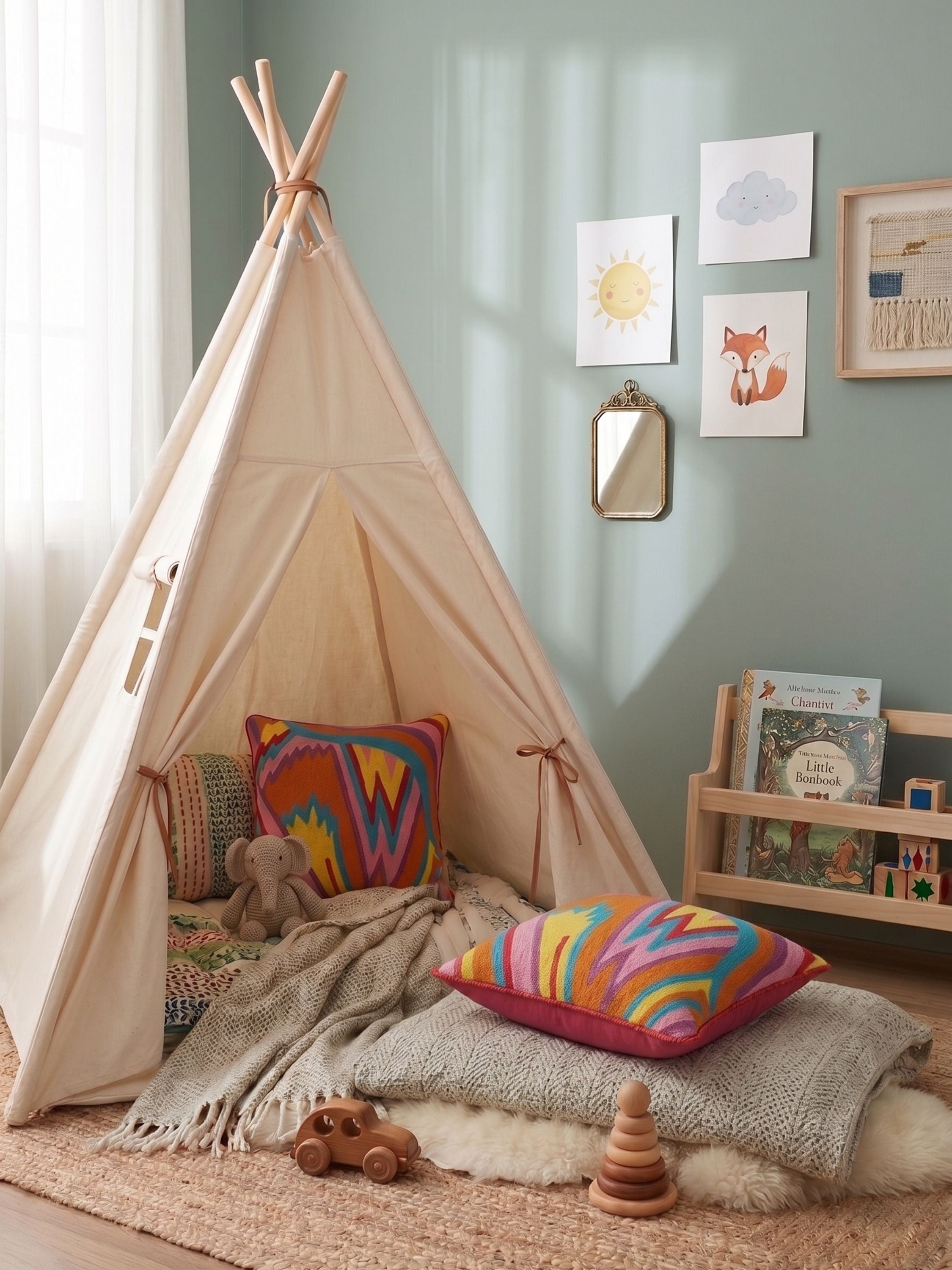Hand embroidered zigzag rainbow kids pillow cover styled inside a play tent with soft cushions, toys, and a cozy nursery setting