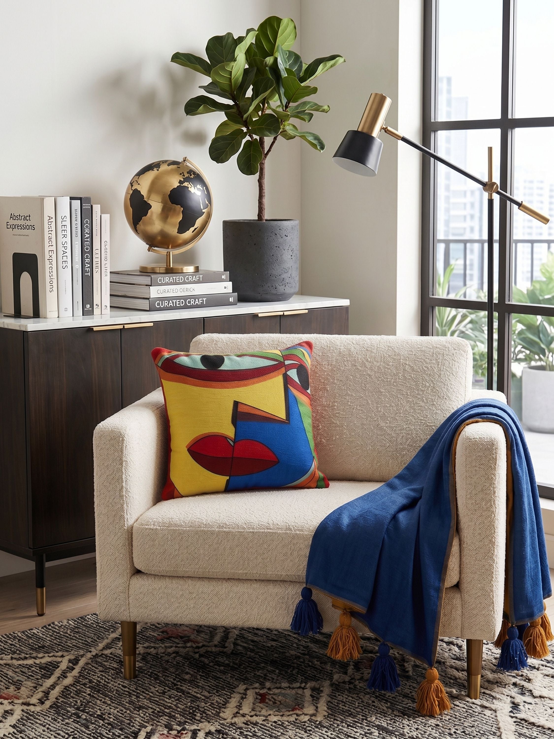 Hand embroidered abstract graphic pillow cover in bold multicolor tones styled on a beige armchair in a modern living room setting