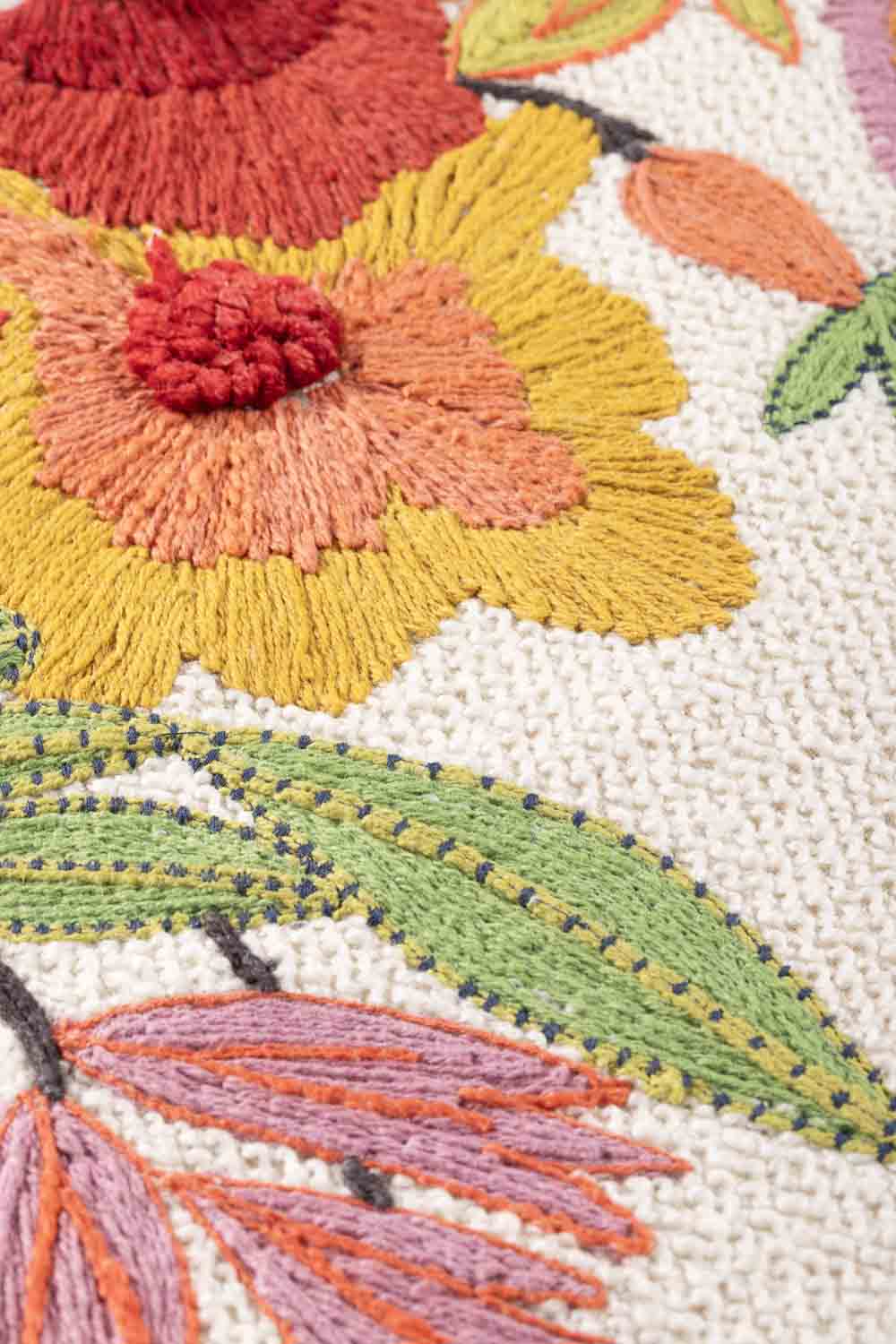 Close-up of embroidered cotton surface highlighting raised floral stitching, layered color variation, and defined motif edges against the open ground