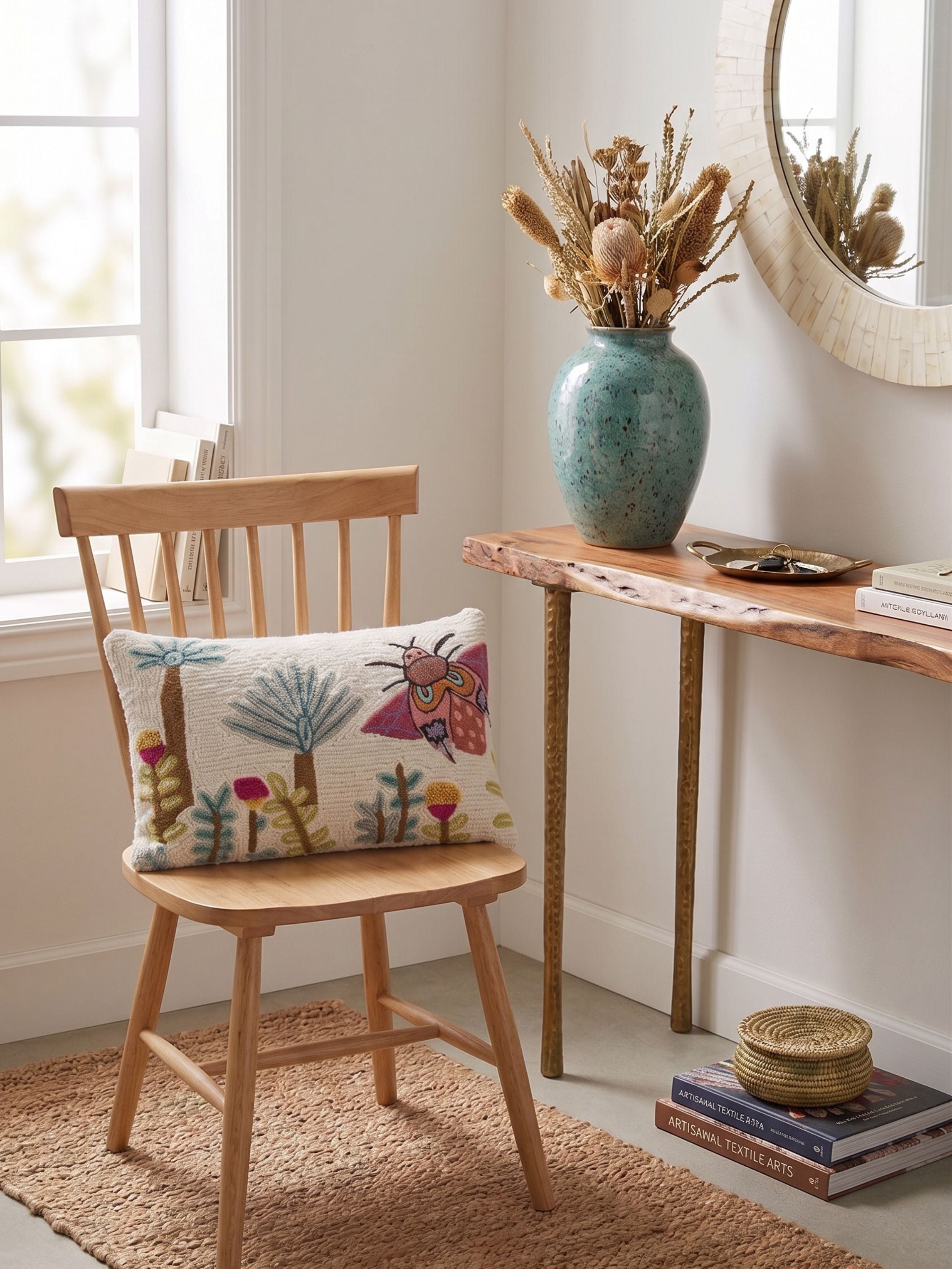 Hand embroidered whimsical botanical lumbar pillow cover with butterfly motif in soft multicolor tones styled on a wooden chair in a light corner setting