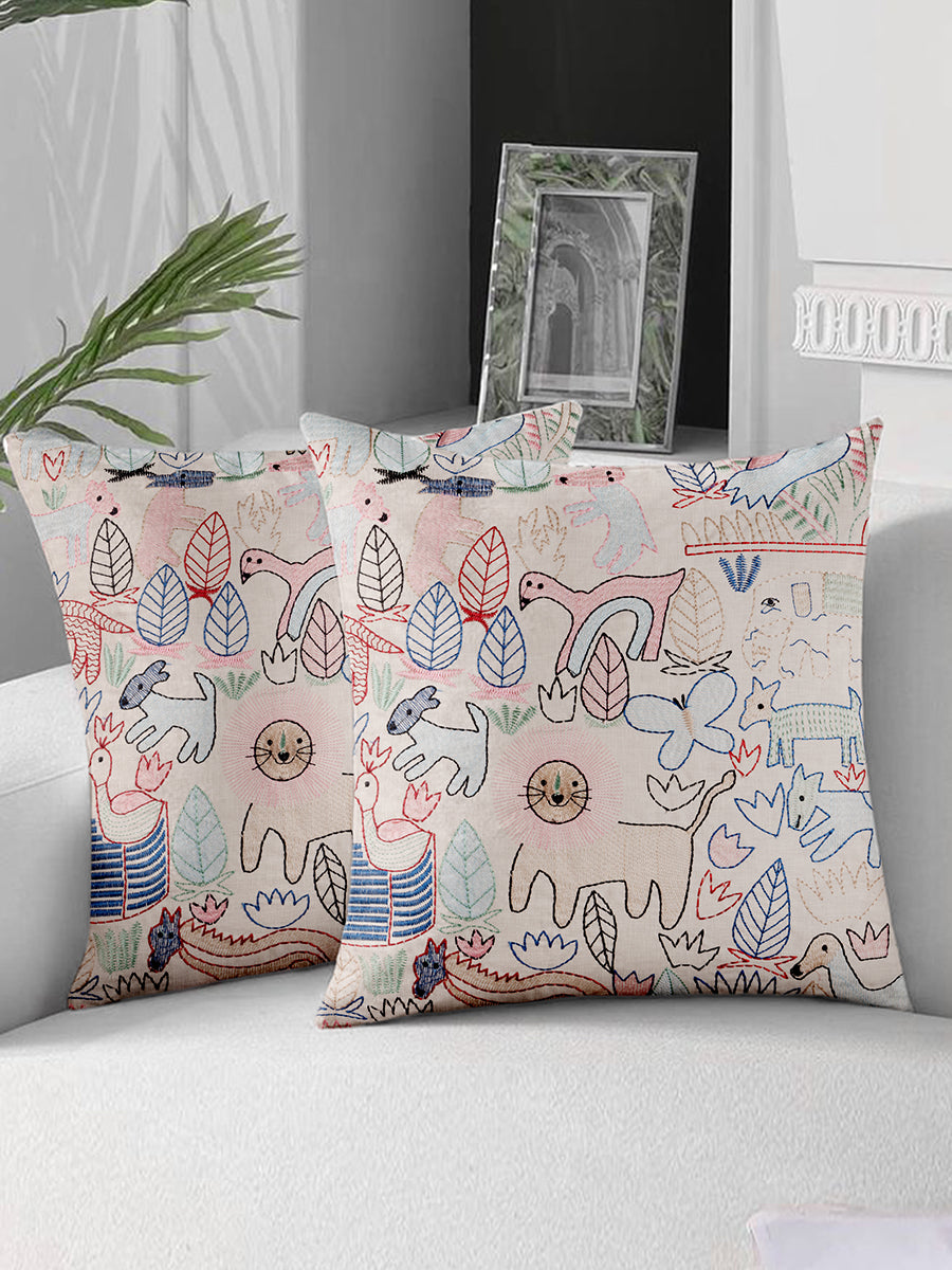 Natural cotton throw pillow 20″×20″ with multicolored wildlife embroidery and tactile surface — sophisticated artisan accent