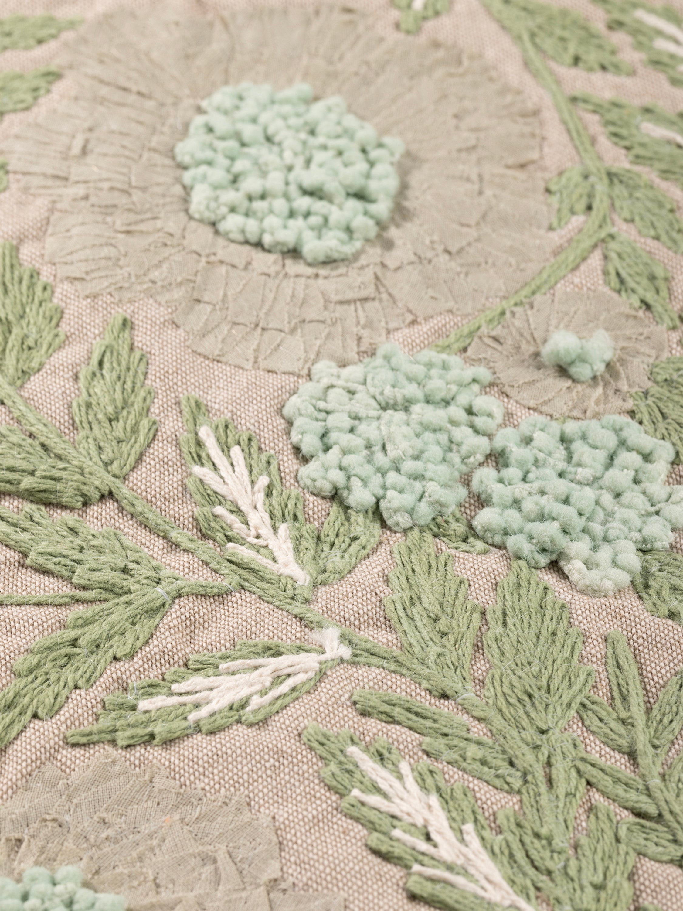 Decorative throw pillow 20″×20″ with floral foliage embroidery in cotton — handcrafted design accessory