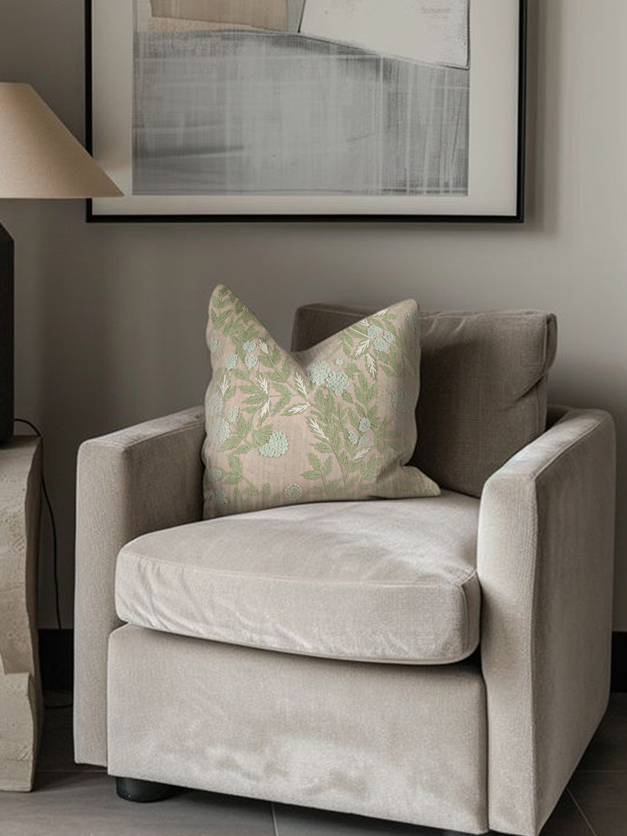 Natural cotton throw pillow with botanical embroidery texture and serene color palette — timeless artisan accent