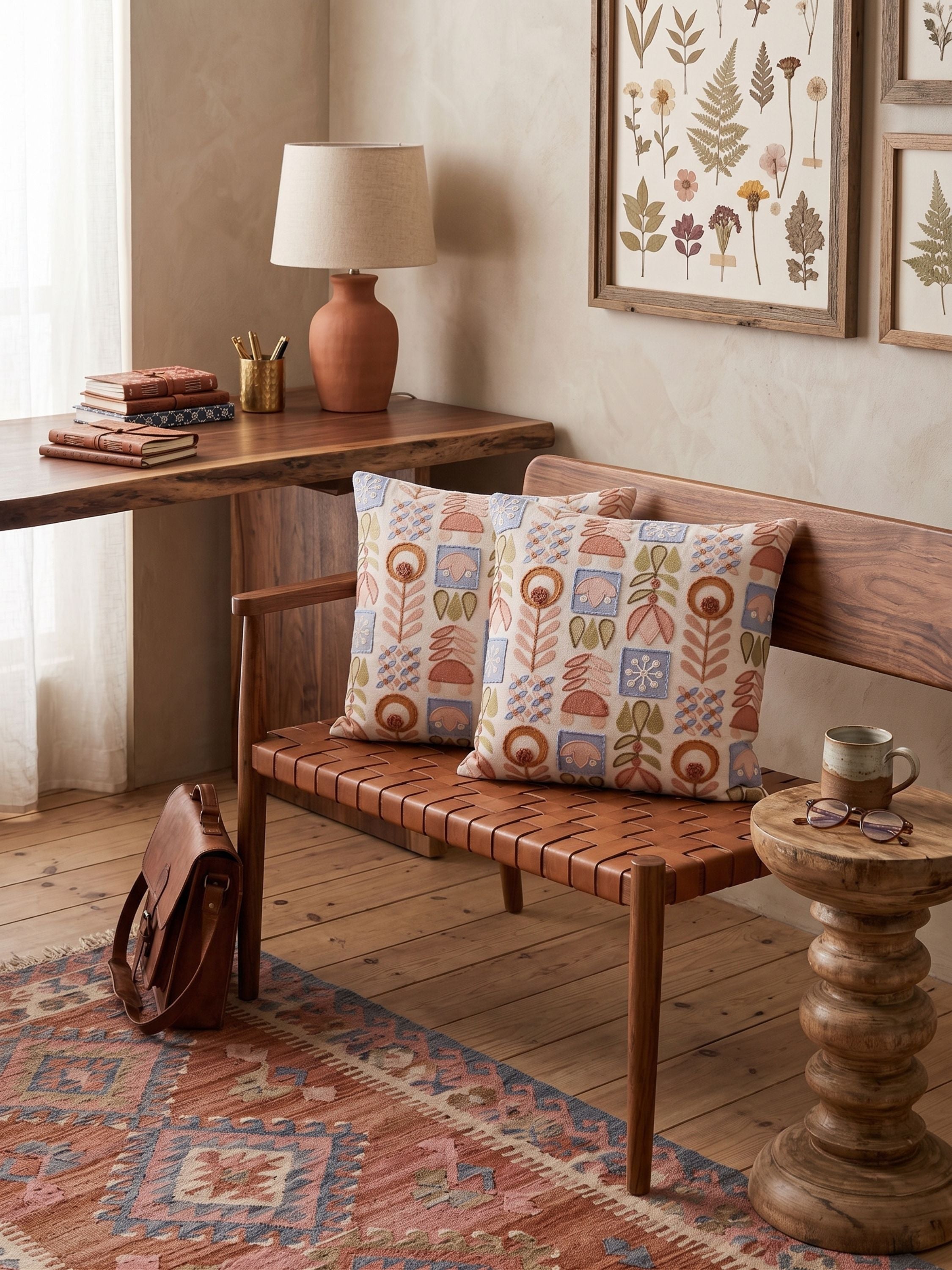 Hand embroidered patterned pillow cover in muted multicolor tones on an ivory base styled on a wooden bench in a neutral interior setting