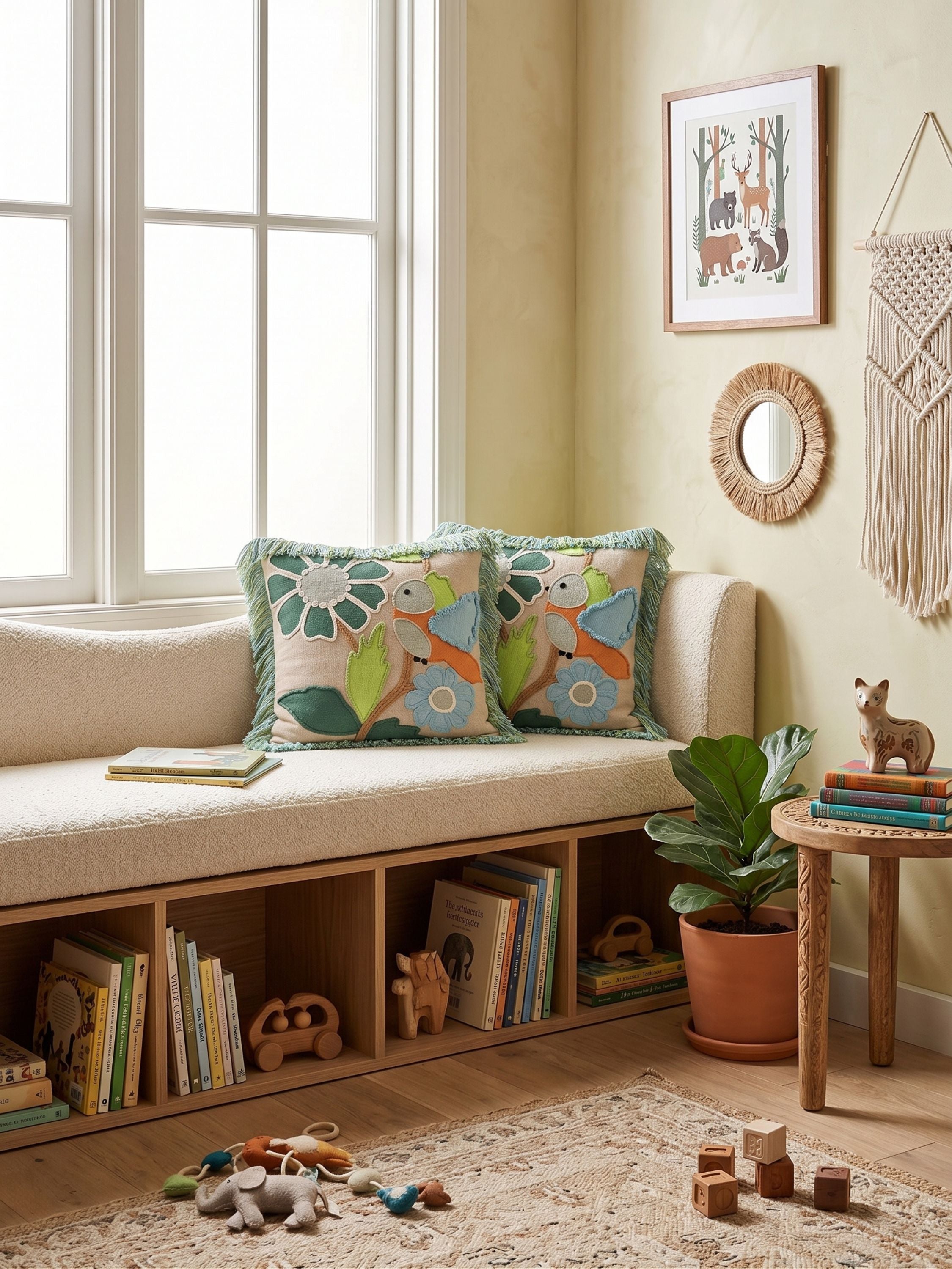 Hand embroidered floral pillow cover in green and multicolor tones styled on a neutral bench in a light-filled interior setting