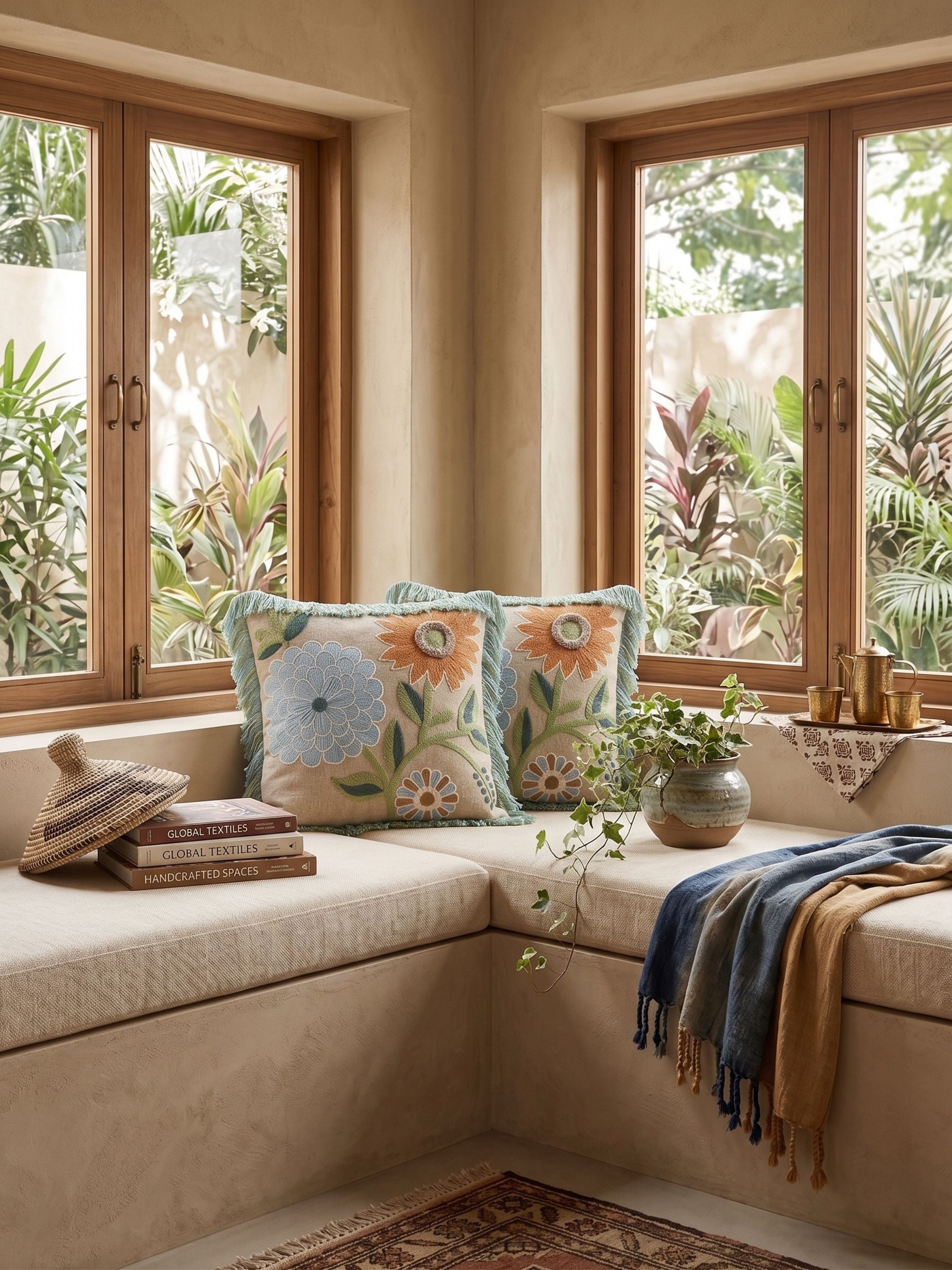 Hand embroidered floral pillow cover in muted blue and orange tones on an ivory base styled in a sunlit window seating area