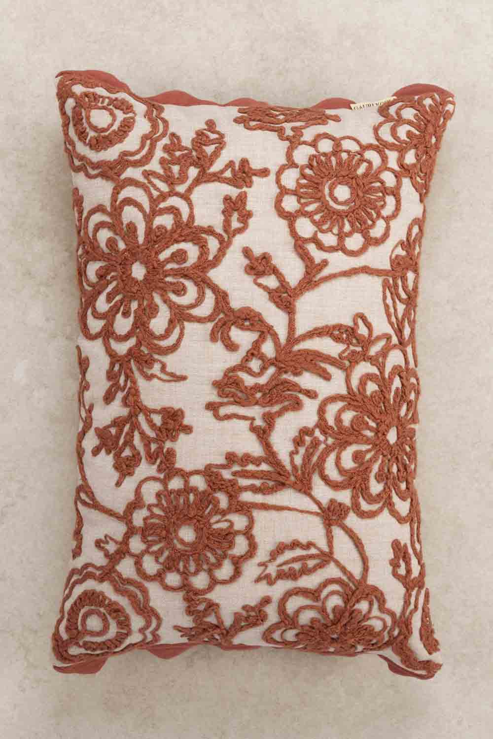 Decorative cotton throw pillow 16×24 with intricate floral embroidery and scalloped edges — refined handcrafted décor