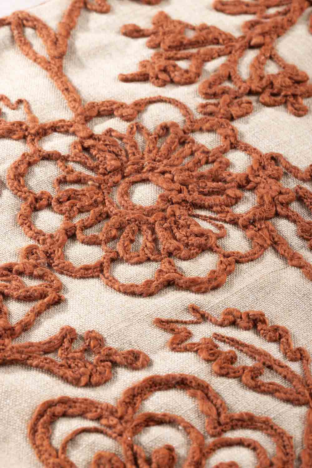 Close-up of embroidered cotton surface highlighting dense floral stitching, raised threadwork, and intricate pattern coverage across the textile