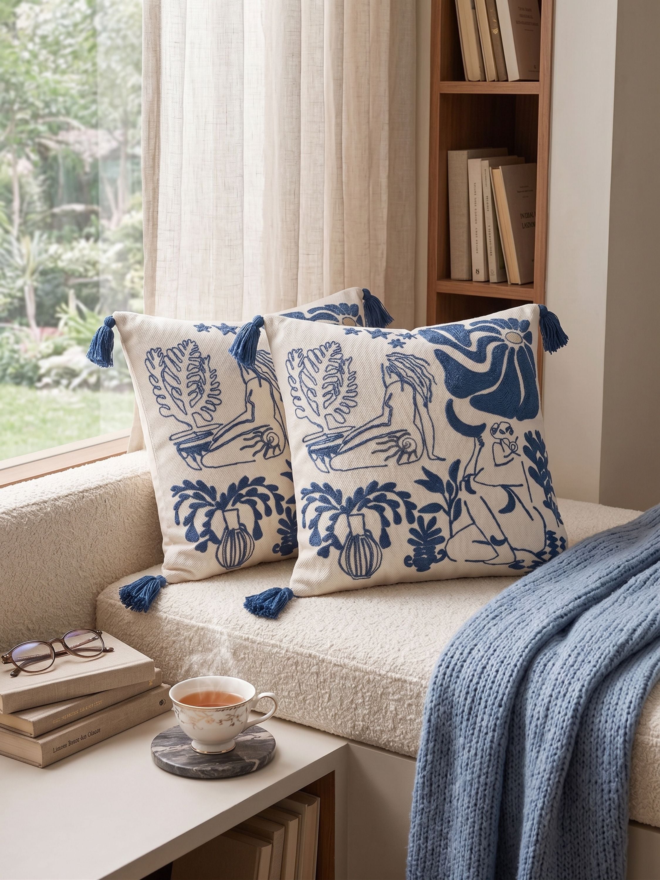 Hand embroidered botanical and bird motif pillow cover in blue thread on ivory base with tassel corners styled on a window seat with neutral textiles