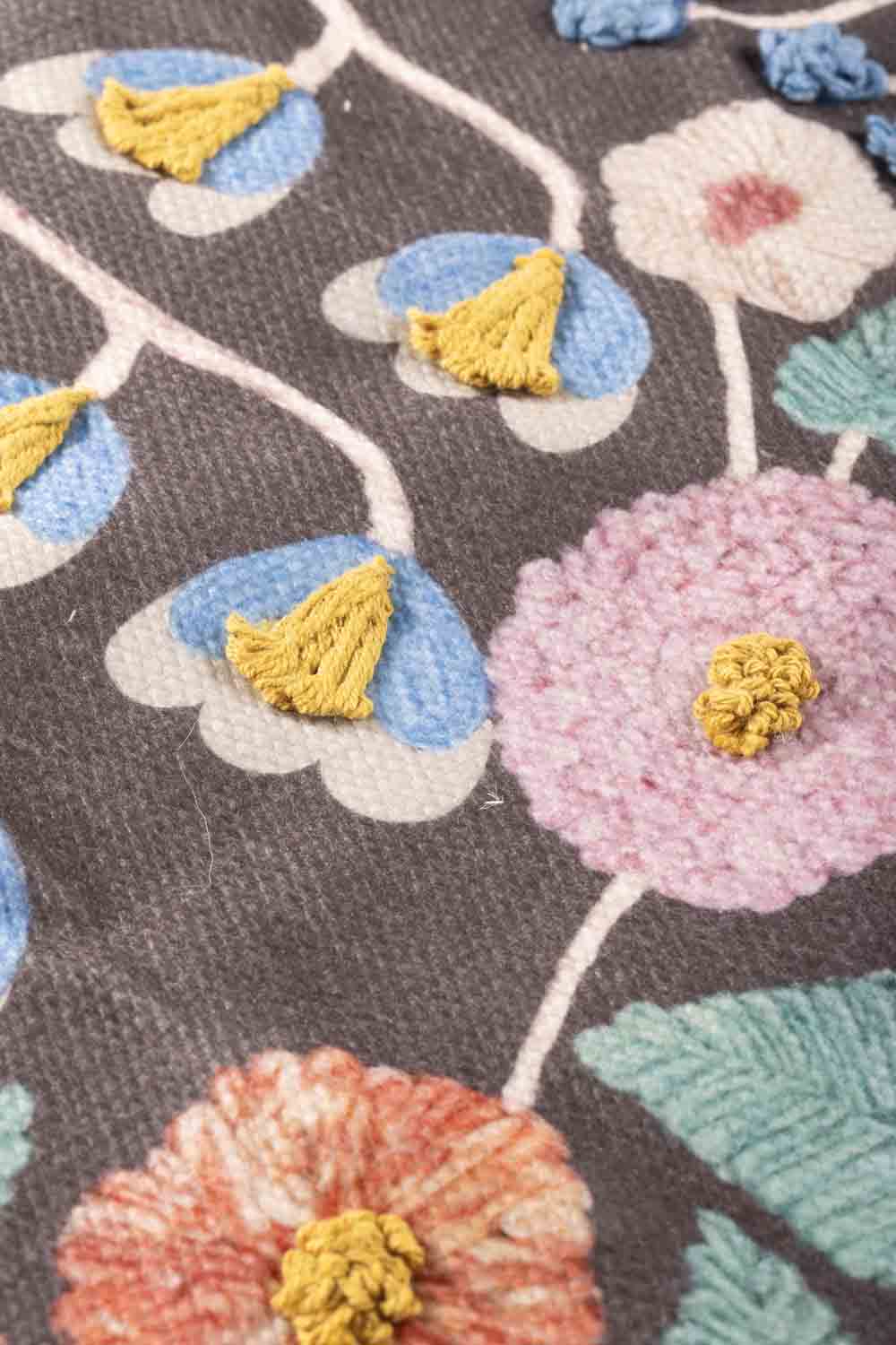 Close-up of printed cotton base with raised embroidered floral detailing, showing dimensional stitching and tonal variation across the surface