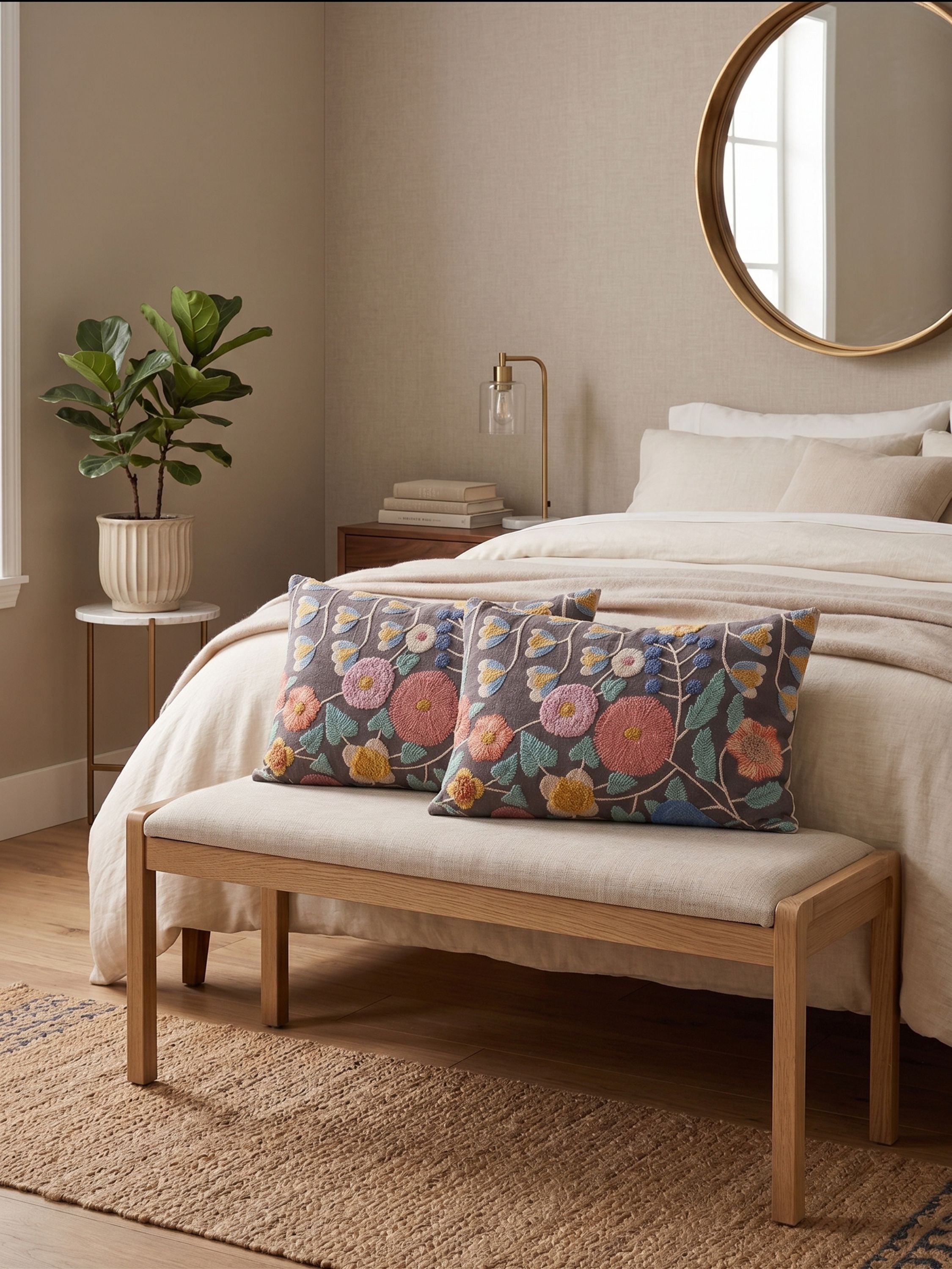 Hand embroidered multicolor floral lumbar pillow cover on dark base styled on a bedroom bench with neutral bedding and wood furniture