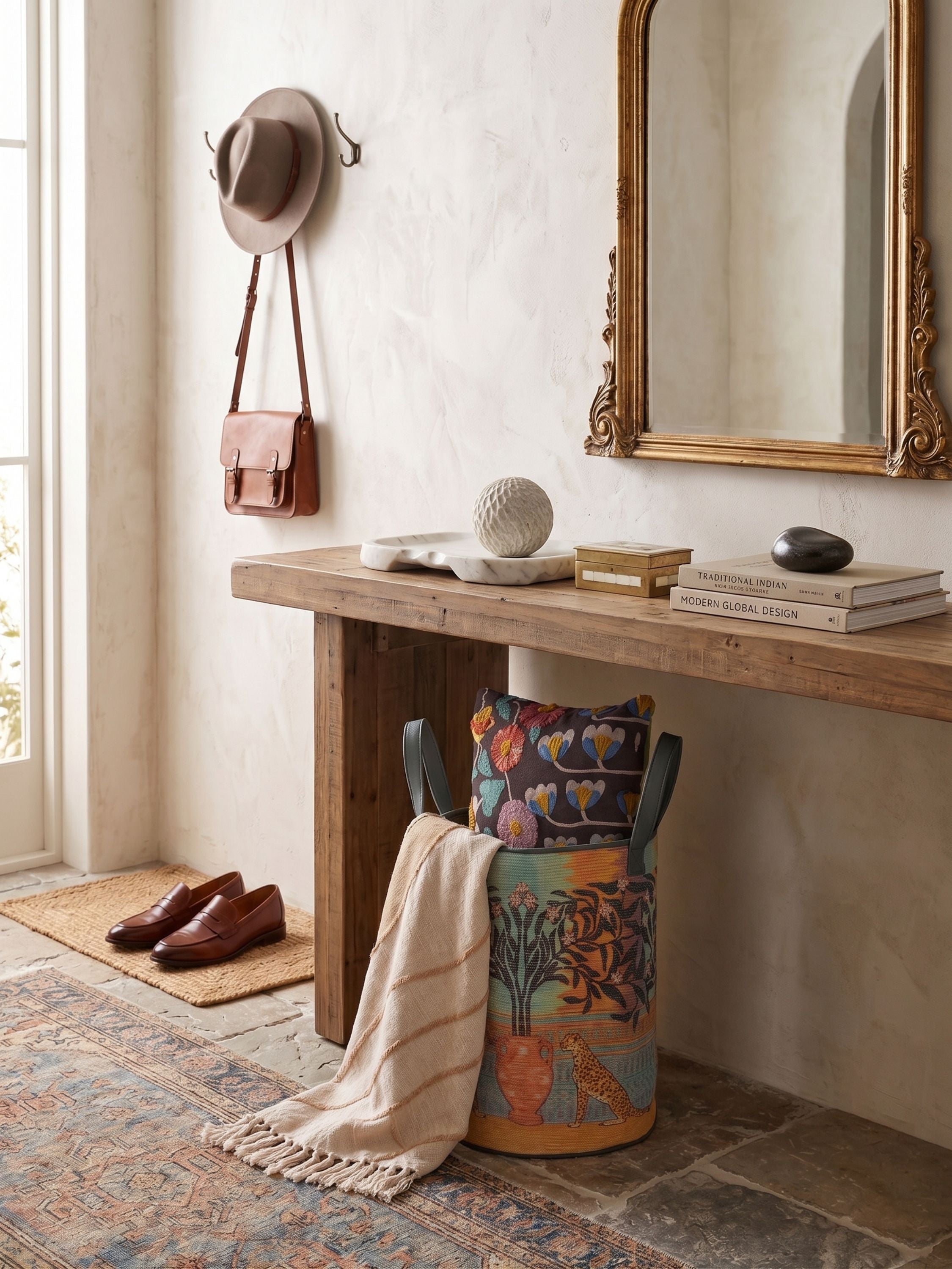 Printed canvas laundry basket with multicolor pattern placed beside a wooden console table in an entryway setting with layered textiles