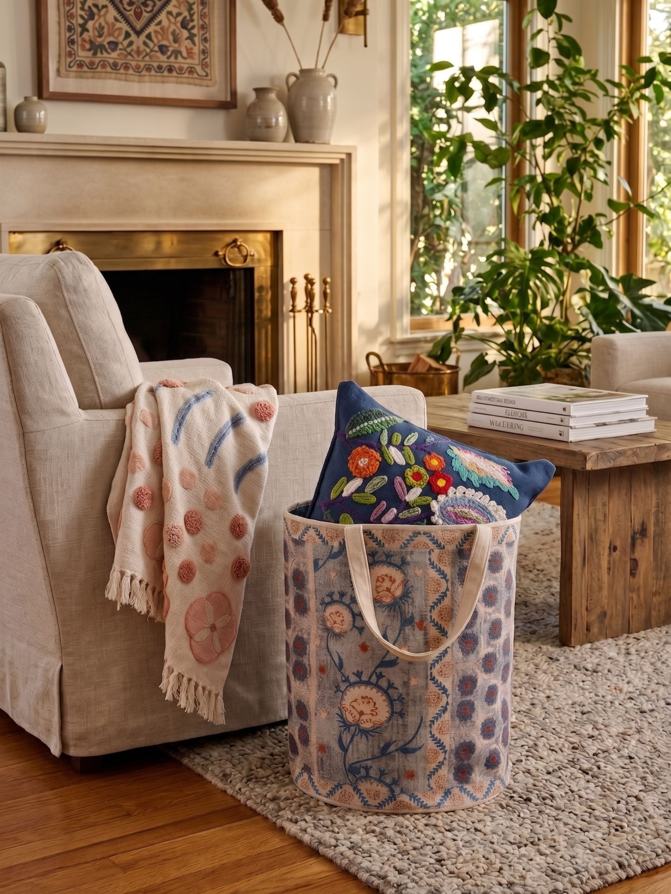Printed blue canvas laundry basket with floral pattern placed beside a neutral armchair in a living room setting with layered textiles
