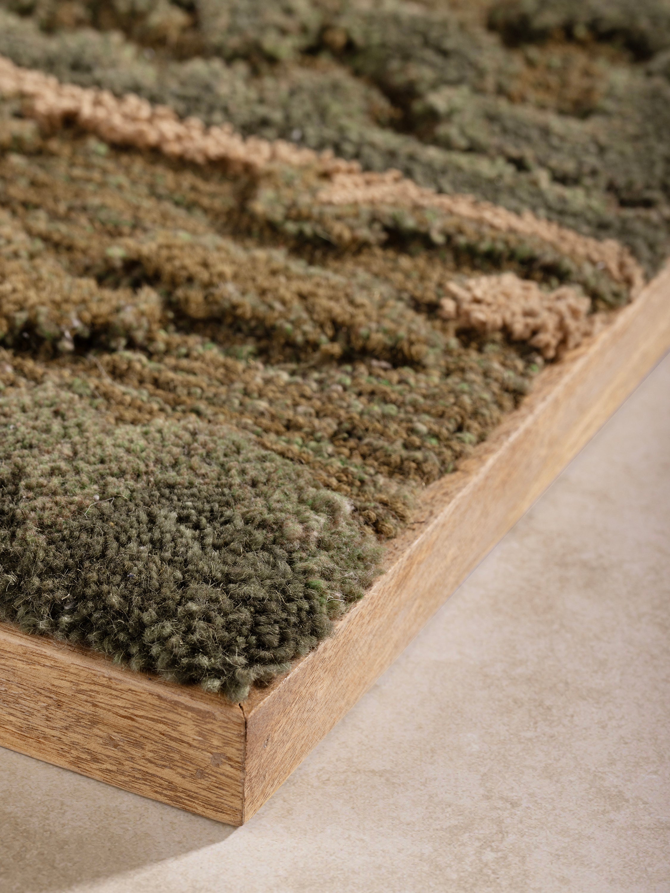 Tufted cotton-wool wall art framed for texture and depth, in muted landscape tones — refined luxury piece