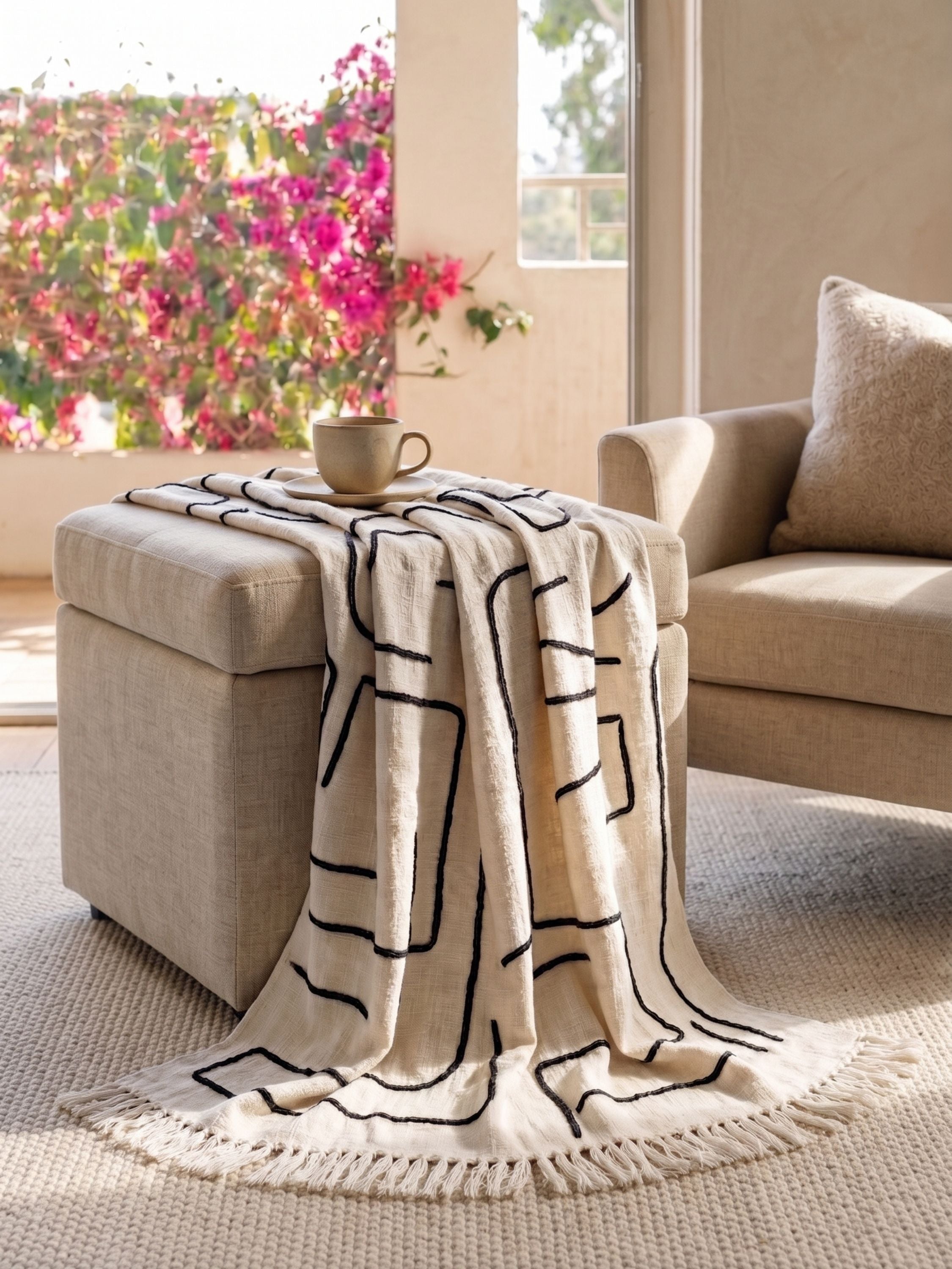 Slovenia ivory cotton throw blanket with a black linear pattern draped over a neutral ottoman in a sunlit living room setting.