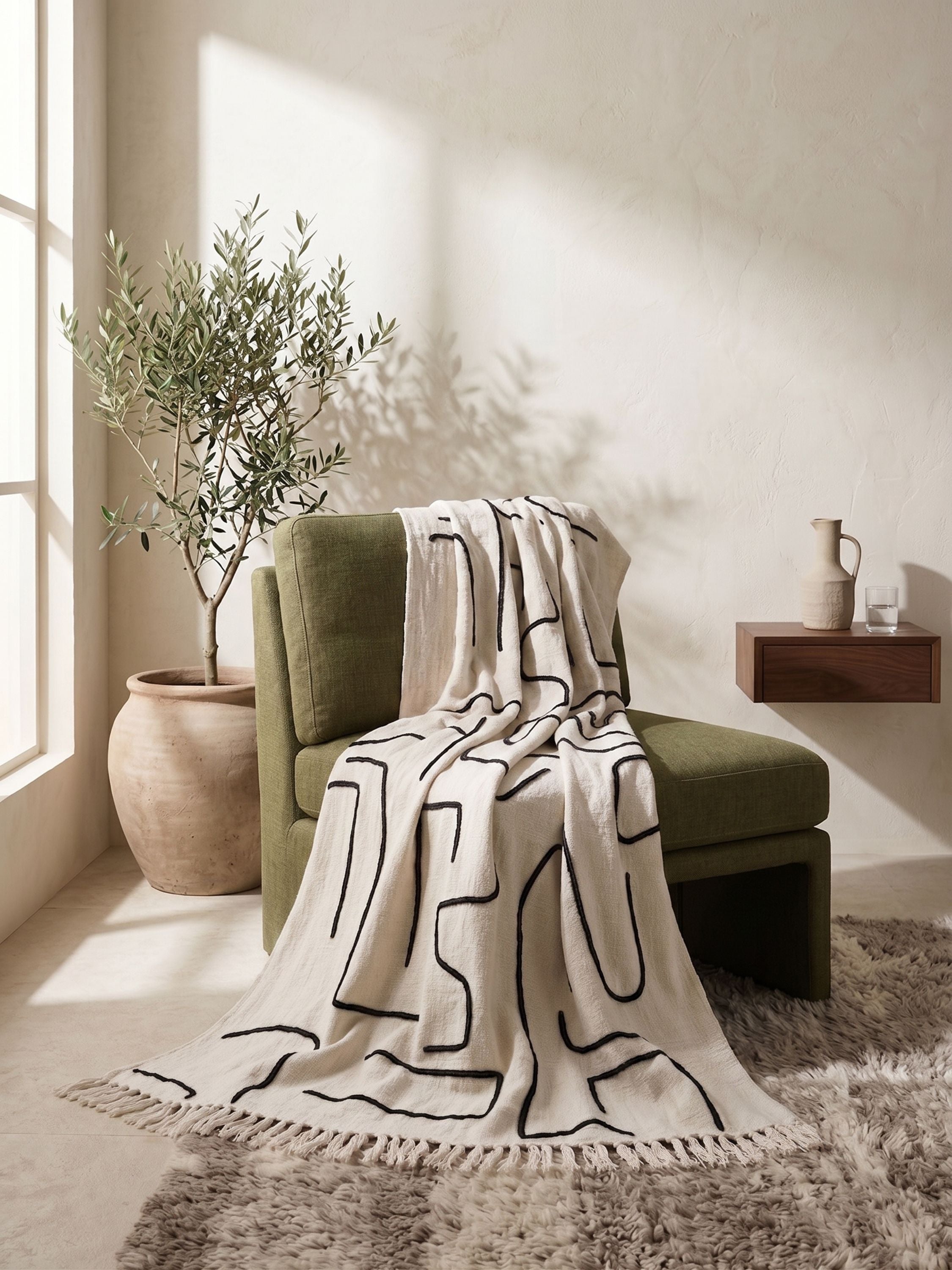 Slovenia ivory cotton throw blanket with a black linear pattern styled over a green accent chair in a softly lit room.