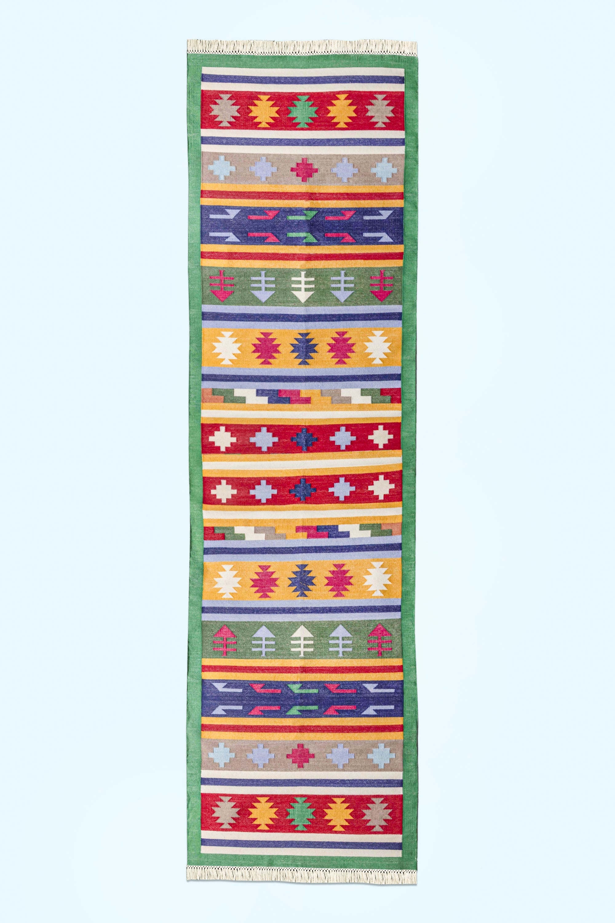 Colorful 9ft flat-woven Kilim runner rug featuring traditional motifs and intricate craftsmanship