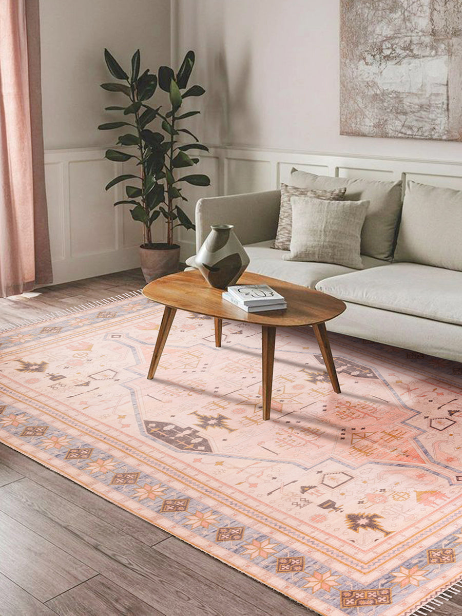 Low-pile cotton printed area rug 5×8 in pastel colours — modern artisan décor