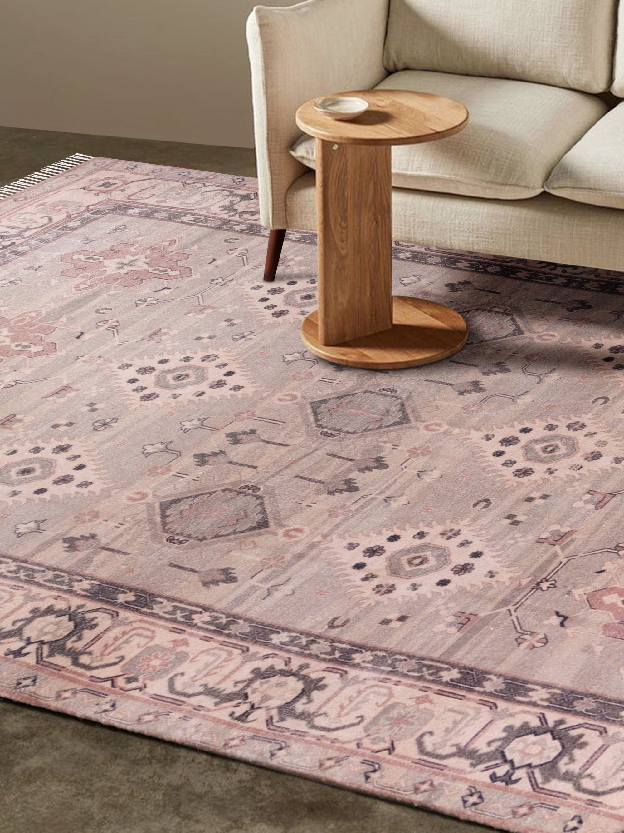 Luxury natural cotton area rug 5′×8′ in dull pastel tones — handcrafted contemporary accent