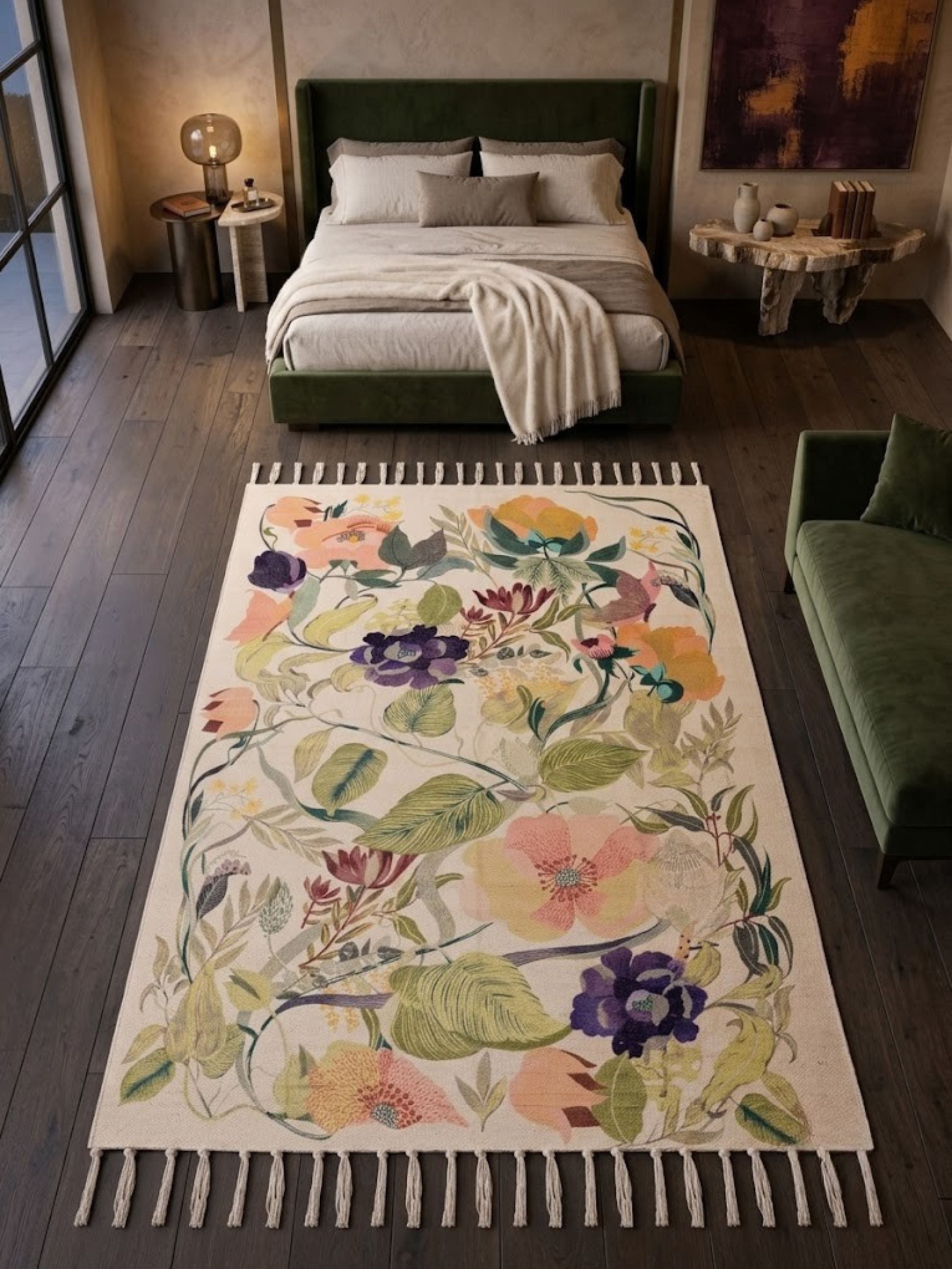 Cotton botanical rug with fringe edge, styled at the foot of a bed in a bedroom.