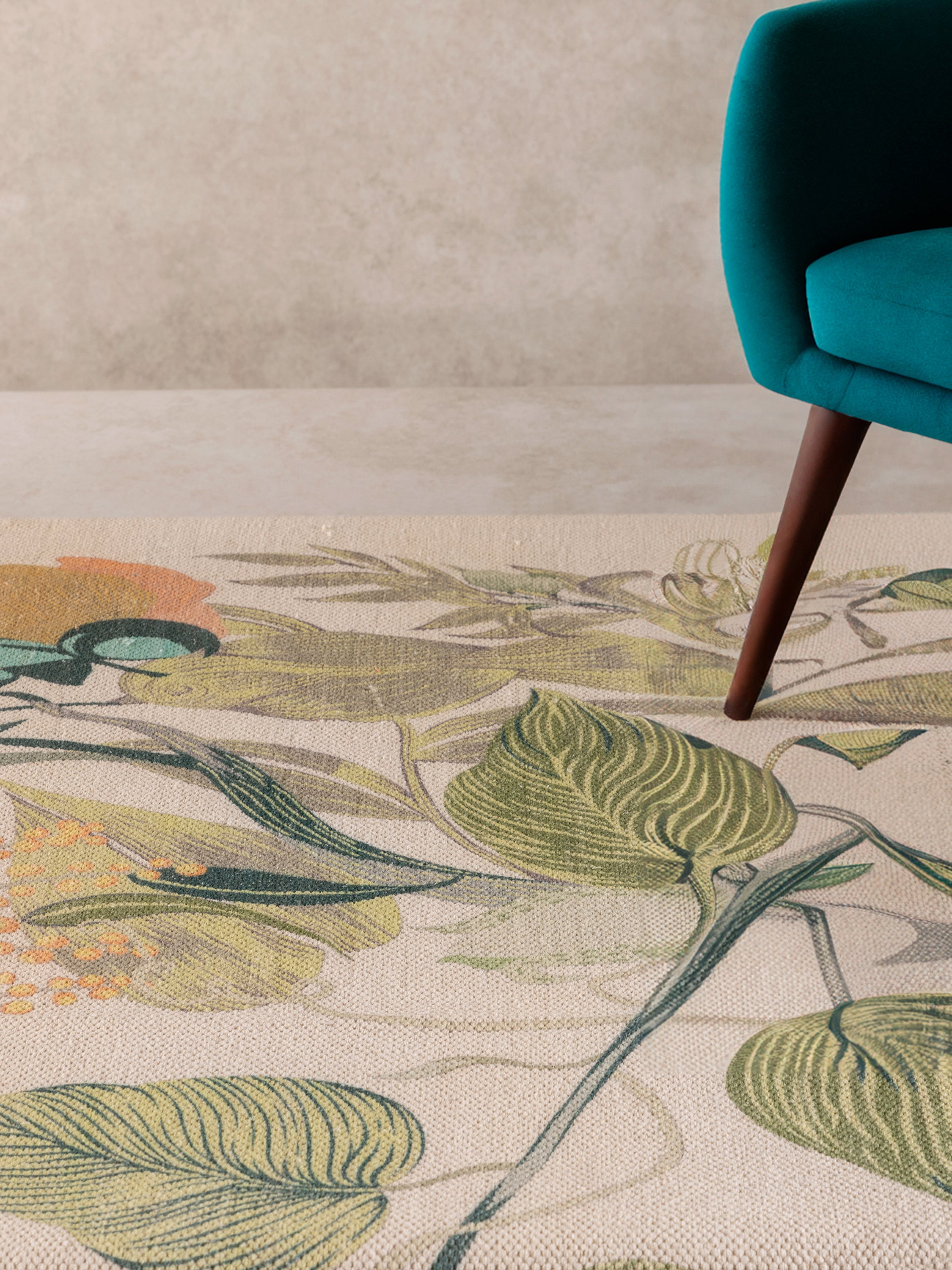 Hand-woven 5′×8′ cotton-blend rug with vibrant floral print — luxury home accent