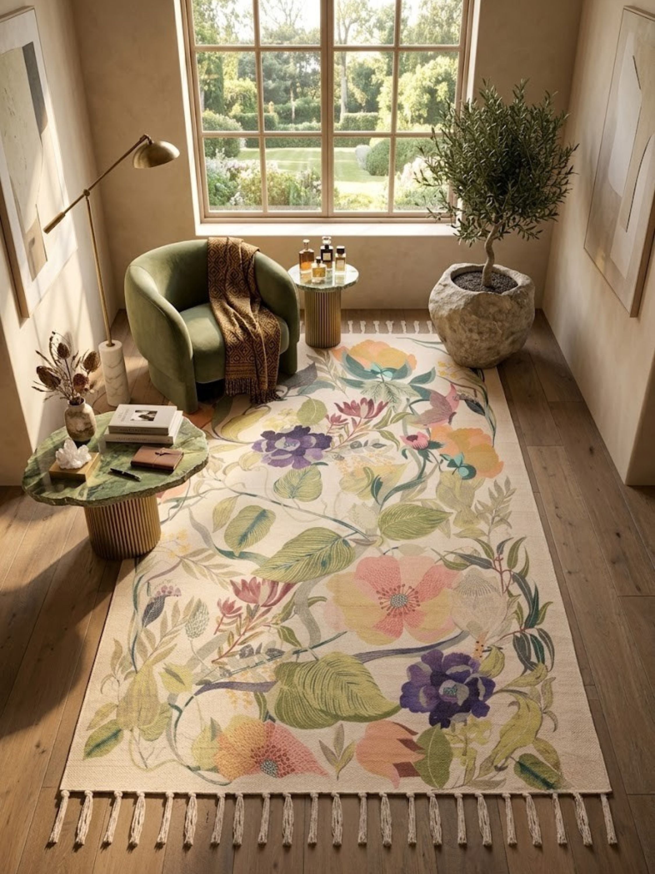 Cotton botanical rug styled in a reading corner beside a chair and side table.